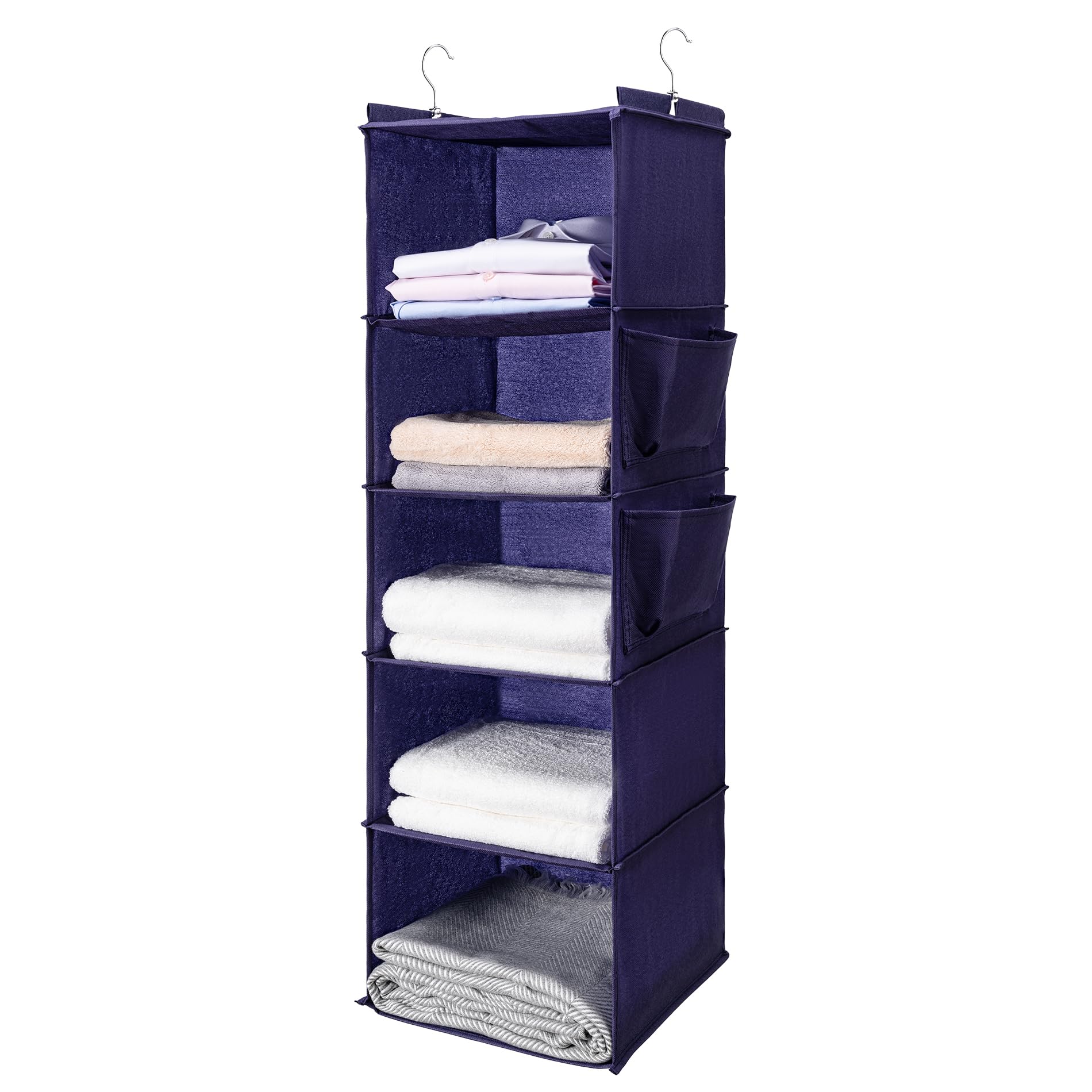 BOOMIBOO Hanging Closet Organize and Shelves,5-Hanging Shelf with 2 Side Pockets,Storage Foldable (Purple)