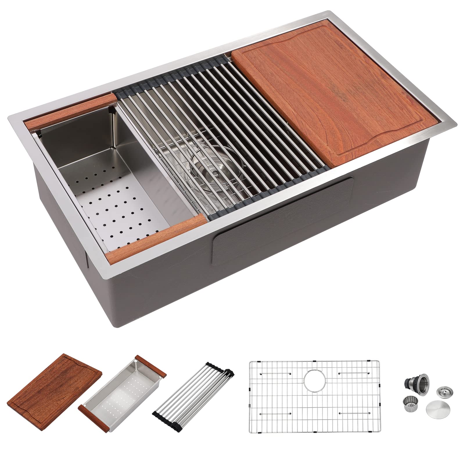 Dcolora 30 Inch Undermount Kitchen Sink Workstation 16 Gauge 304 Stainless Steel Large Single Bowl Under Counter Sinks, Round Co