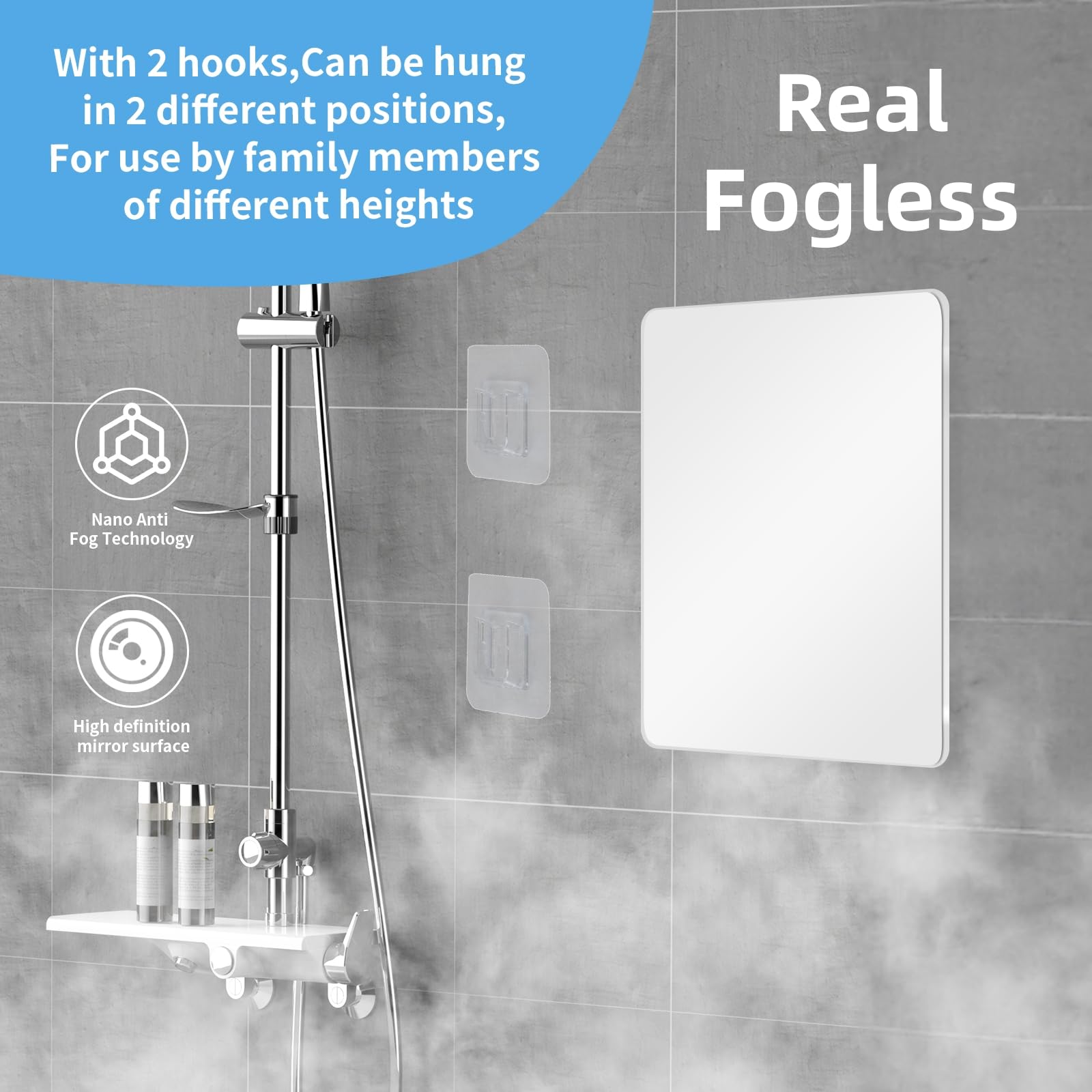 Shower Mirror Fogless Shaving With Razor Holder For Shower, Anti Fog Shower Mirror & Includes 2 Razor Hooks & 2 Mirror Hooks, Ea