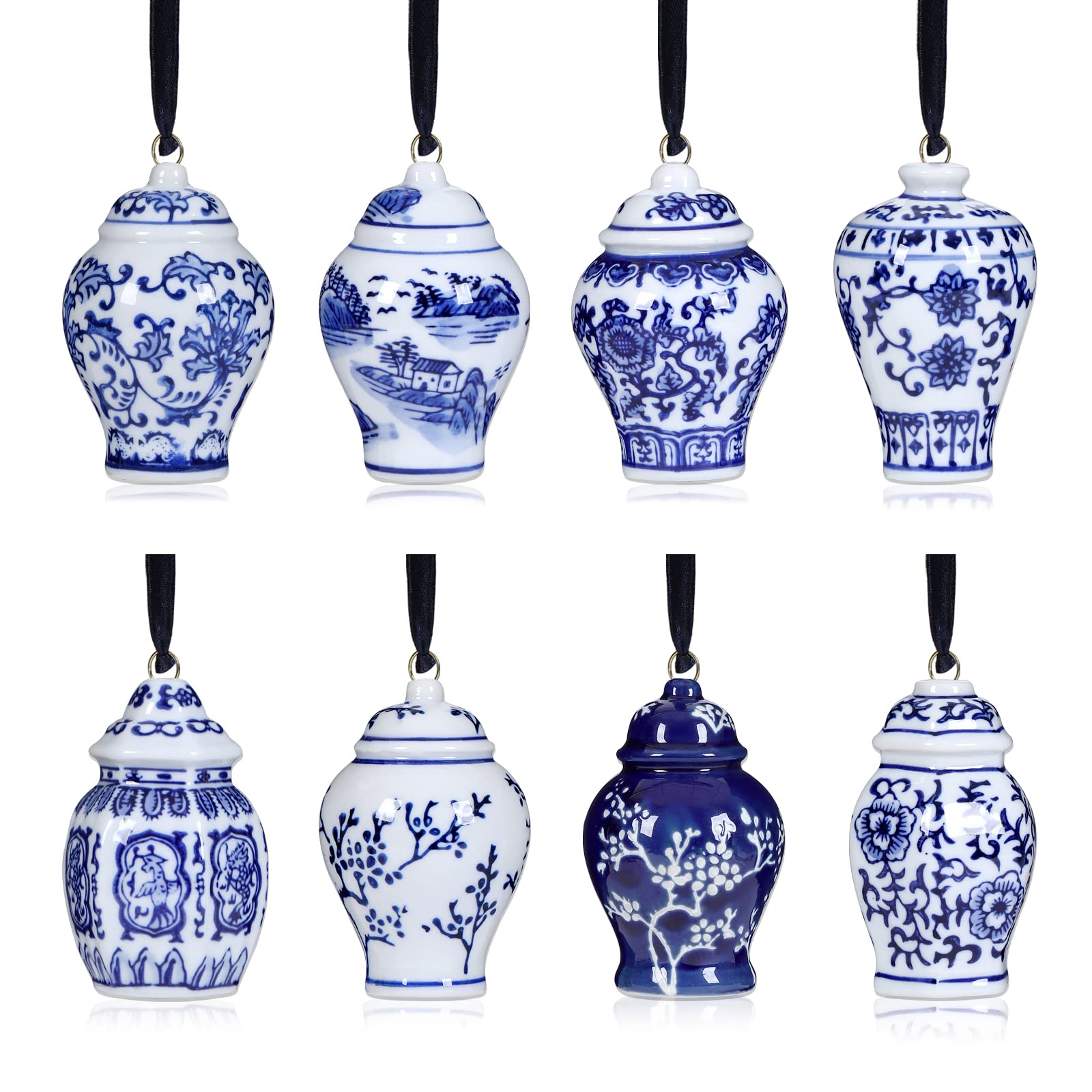 8 Pieces Chinoiserie Porcelain Christmas Ornaments Blue and White Christmas Decorations Mini Chinoiserie Porcelain Ginger Jar Ch