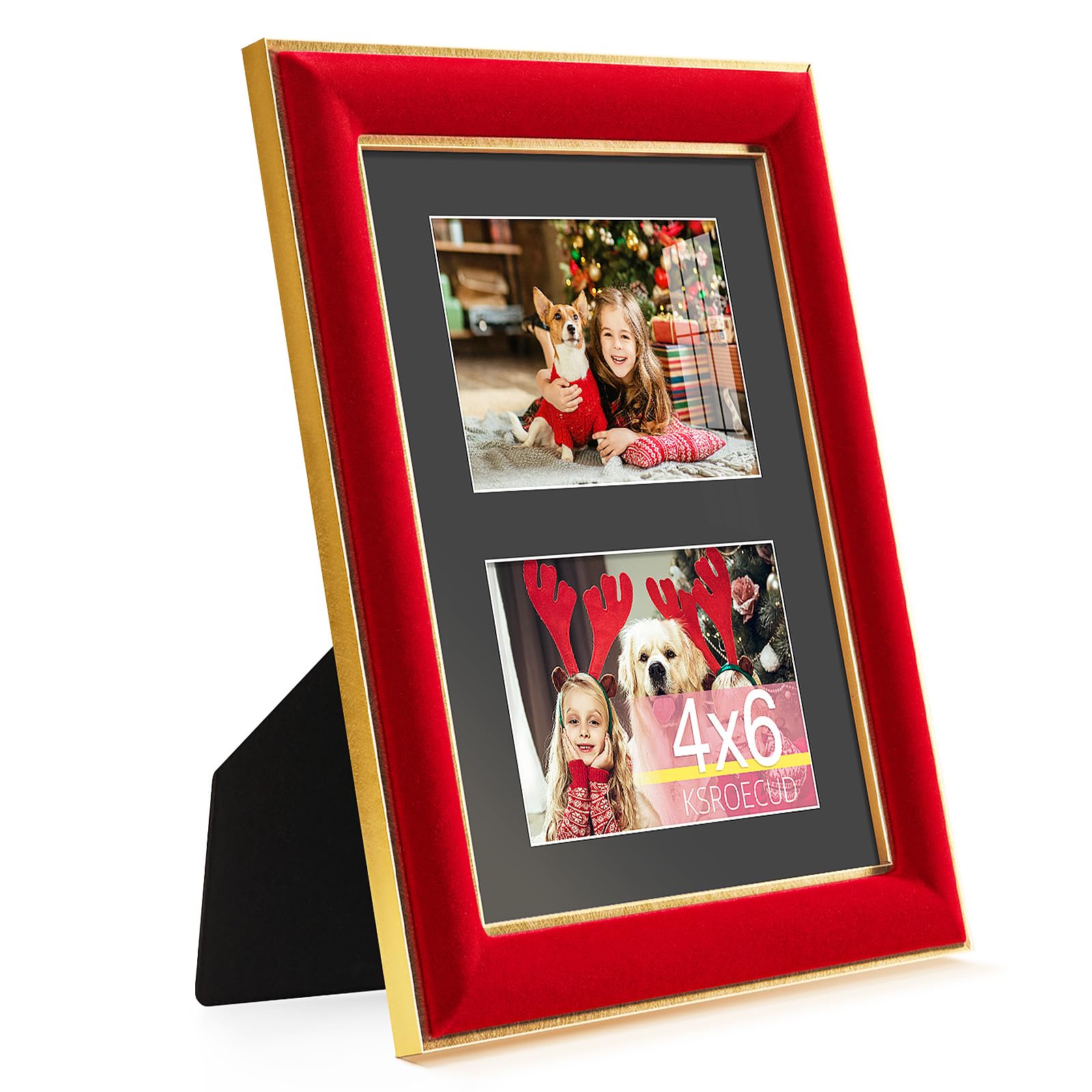 KSROECUD 8x10 Velvet Picture Frame with 2 Opening 4x6 Picture, HD Real Glass Red Velvet Photo Frame with Black White Border Mat,