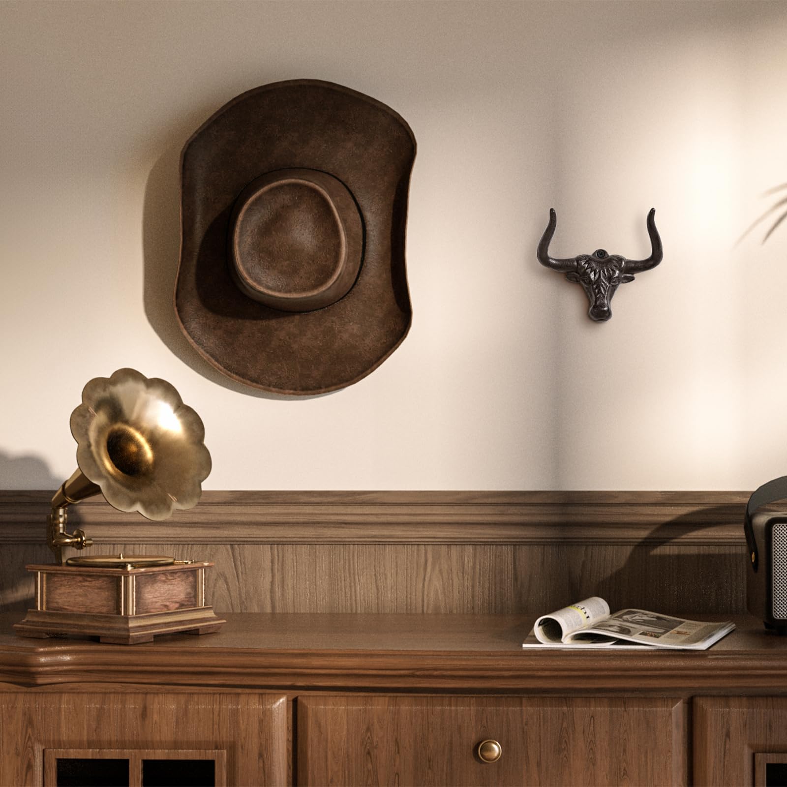 Hydermus Cowboy Hat Rack For Wall 2 Pack Modern Cast Iron Cowboy Hat Holder Cowgirl Hat Hanger Western Wall Decor Longhorn Hooks