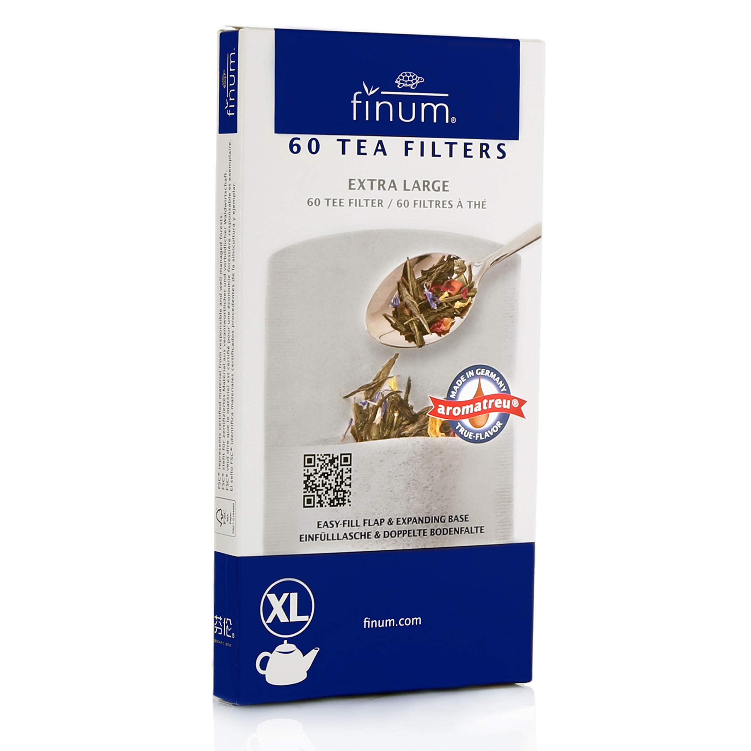 Finum Disposable Paper Tea Filter Bags For Loose Tea, White, Extra Large, 60 Count