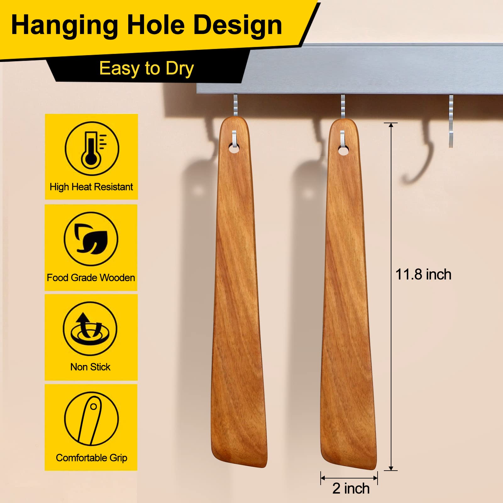 2 Pcs Teak Wood Spatula Set 12 Inch Kitchen Turner Spatula Best Wooden Utensils For Cooking Spatula Egg Flipper Spatula Non Stic