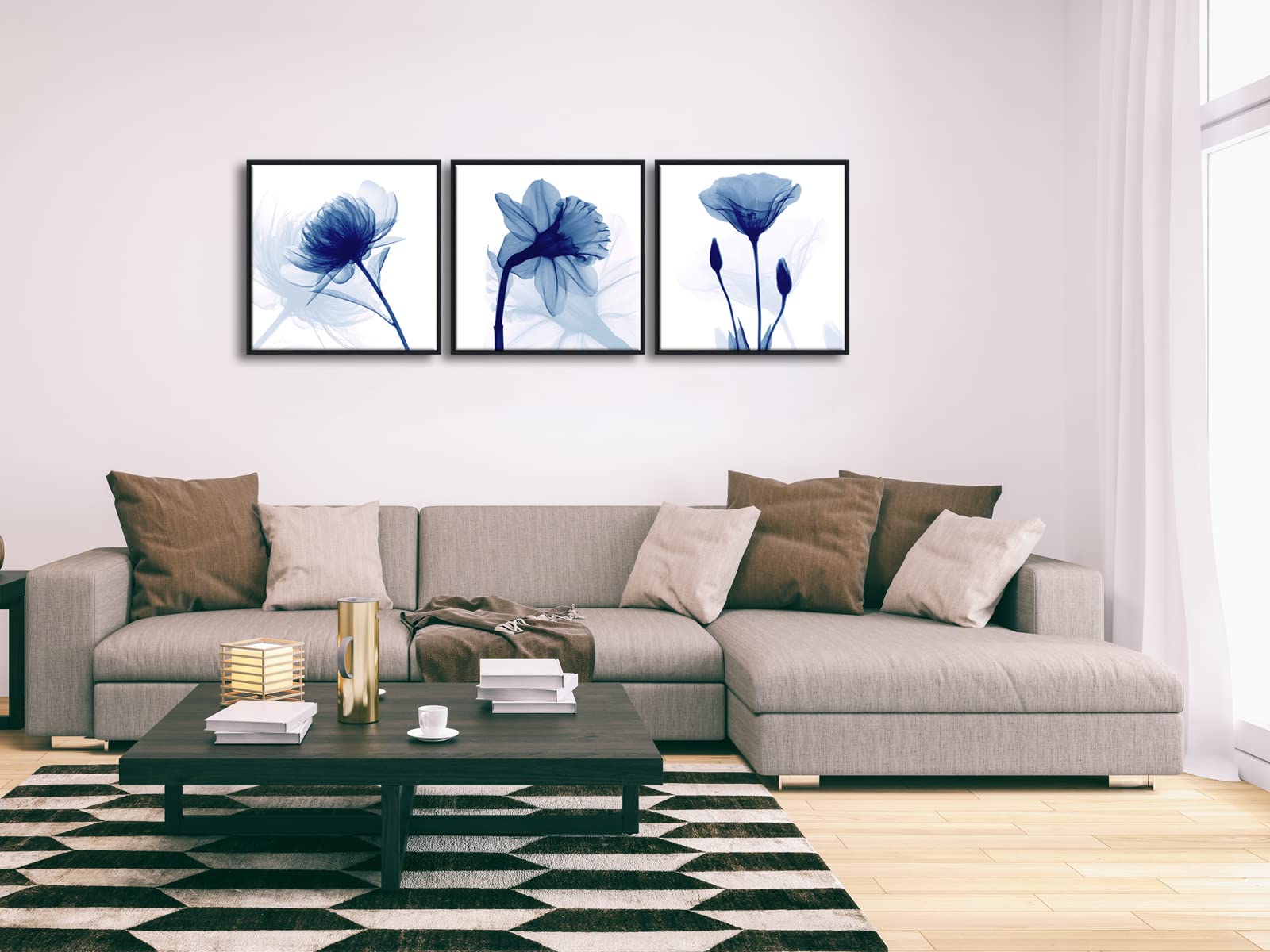 Wieco Art Framed Wall Art Blue Abstract Flowers 3 Panels Canvas Prints Home Art Modern Artwork Wall Pictures For Living Room Bed