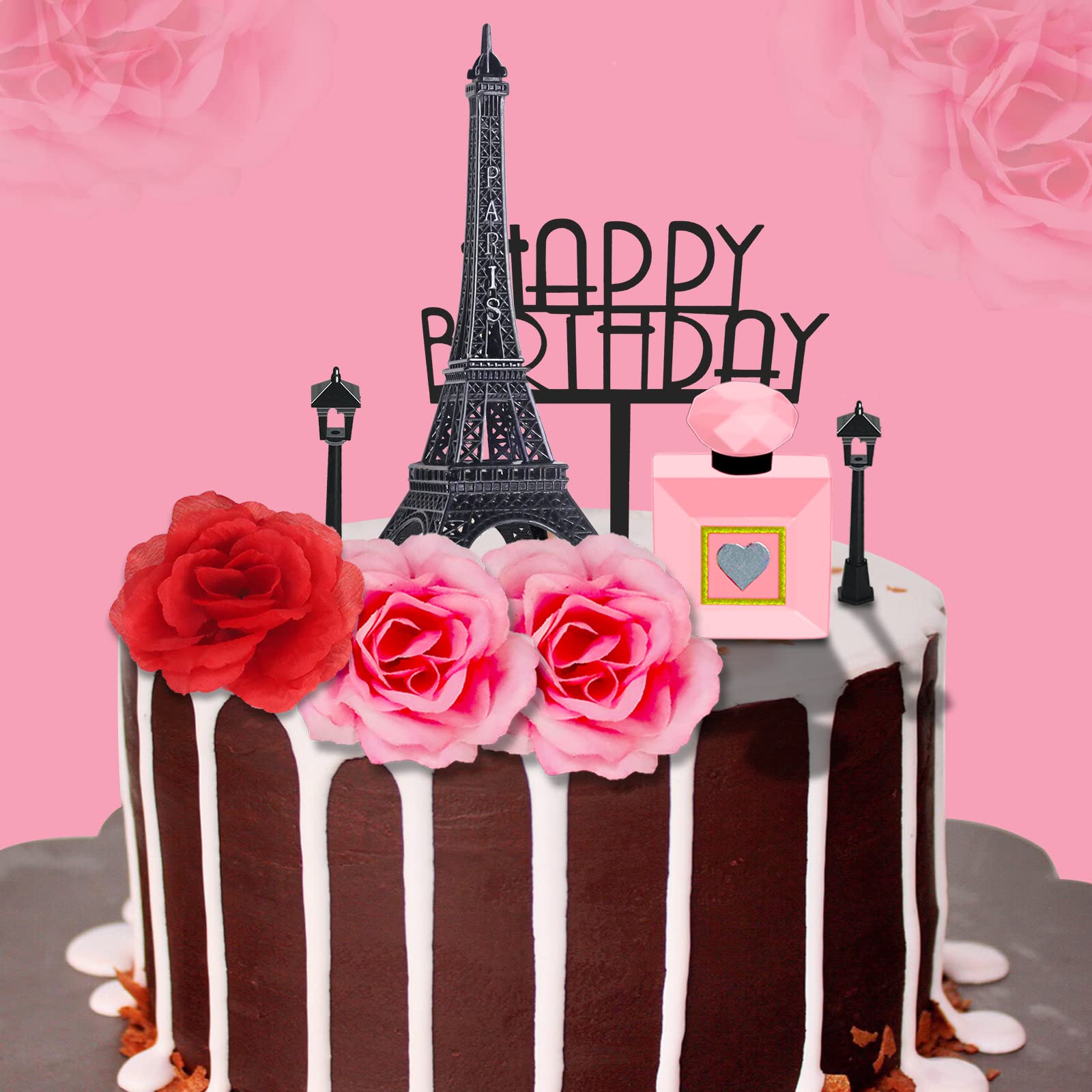 MEMOVAN 8pcs Paris Cake Topper Eiffel Tower Statue Cake Topper 7 Inch Pairs Eiffel Tower Perfume Bottle Birthday Topper Street Lamp Rose Cake Decoration for Girl Women Spa Paris French Theme Party