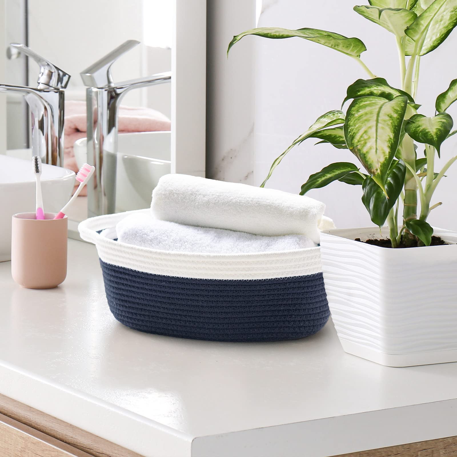 Goodpick Small Woven Basket Cute Navy Blue Rope Basket Cotton Basket Woven Storage Basket Cat Toy Basket Nursery Basket With Han