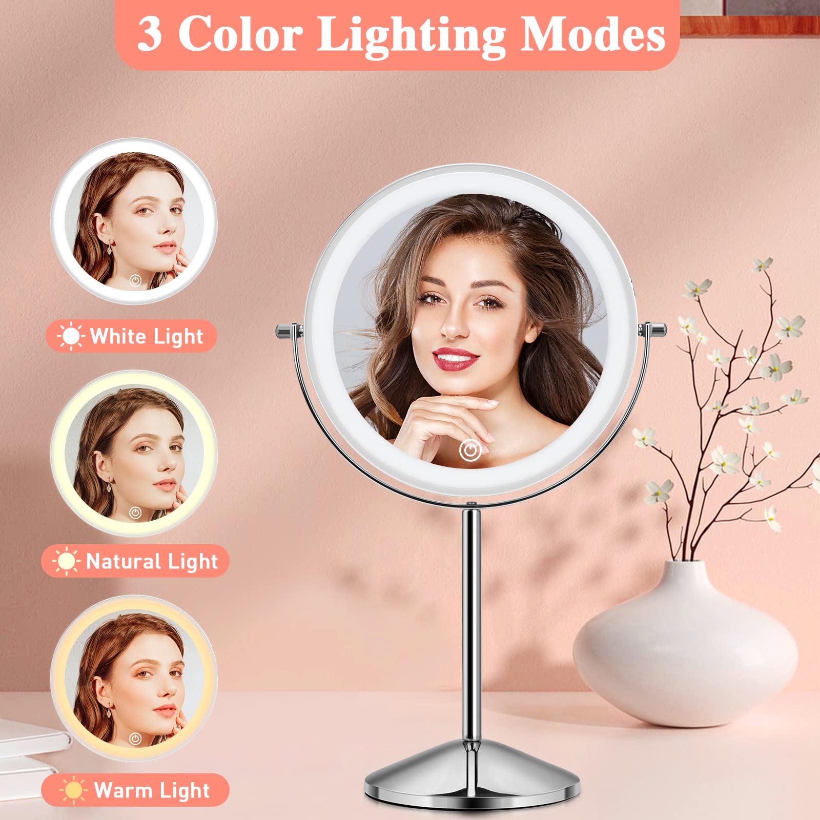 Kumers Lighted Makeup Mirror With Magnification, 10X 8Rechargeable Double Sided Vanity Mirror With Lights Magnifying Makeup Mirr