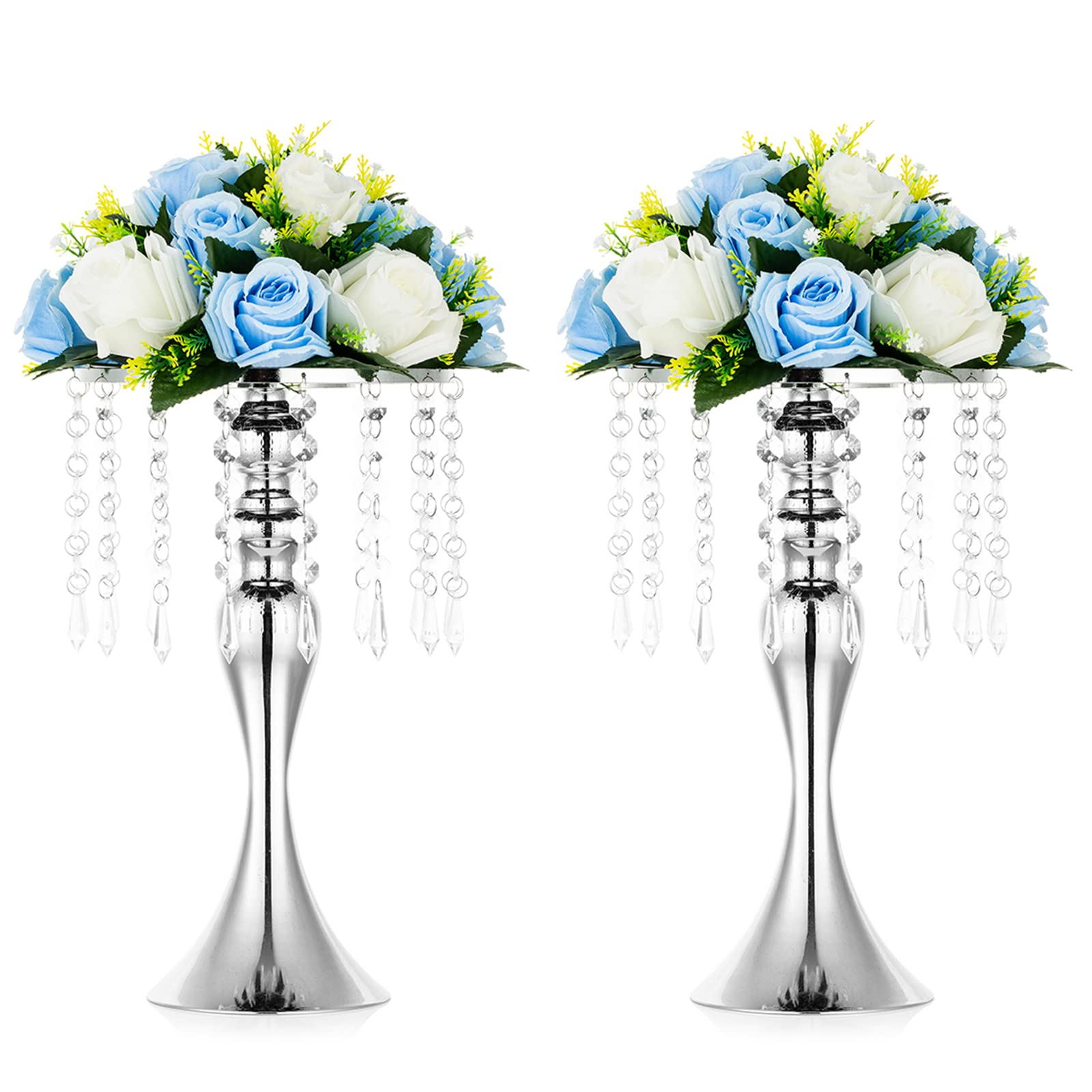 Nuptio 2 Pcs Silver Wedding Centerpieces Flower Stand, 13.8in/35cm Tall Artificial Flower Arrangements, Crystal Metal Vase Flowe
