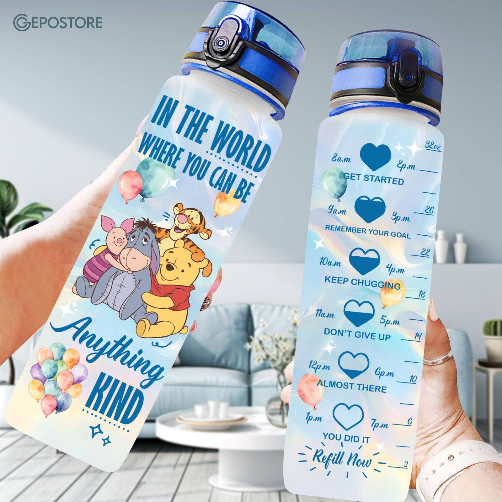 GEPOSTORE 32oz Water Bottle with Time Marker - Cute Cartoon Motivational Water Tracker Bottle for Kids Girls Women - BPA-Free Le