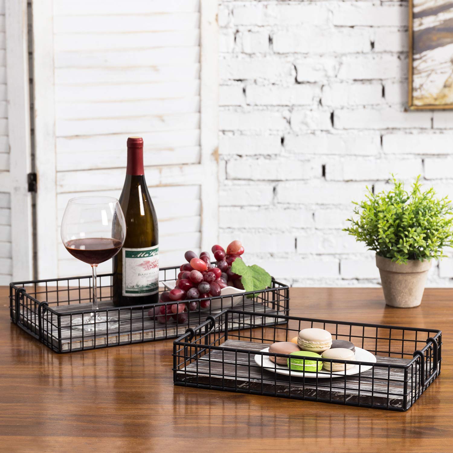 Mygift Black Metal Large Serving Tray, Wire Basket Style Nesting Ottoman Trays With Torched Wood Base And Handles, Set Of 2
