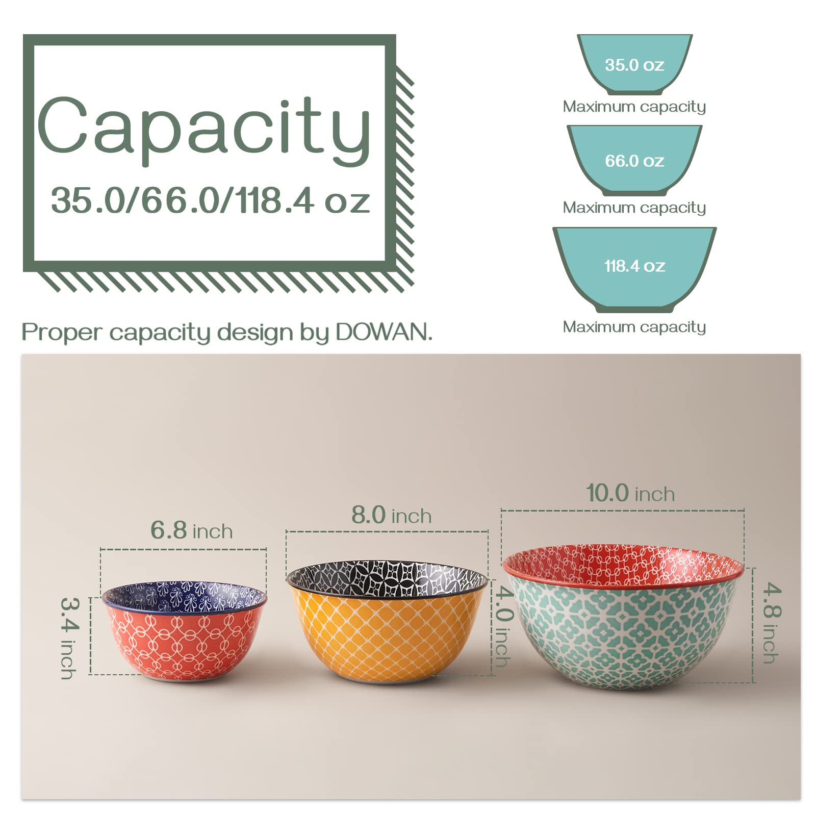 DOWAN Ceramic Mixing Bowls Set of 3, Multicolor, 3.7/2/1 Qt, Microwave & Dishwasher Safe, Vibrant Nesting Bowls for Cooking & Serving