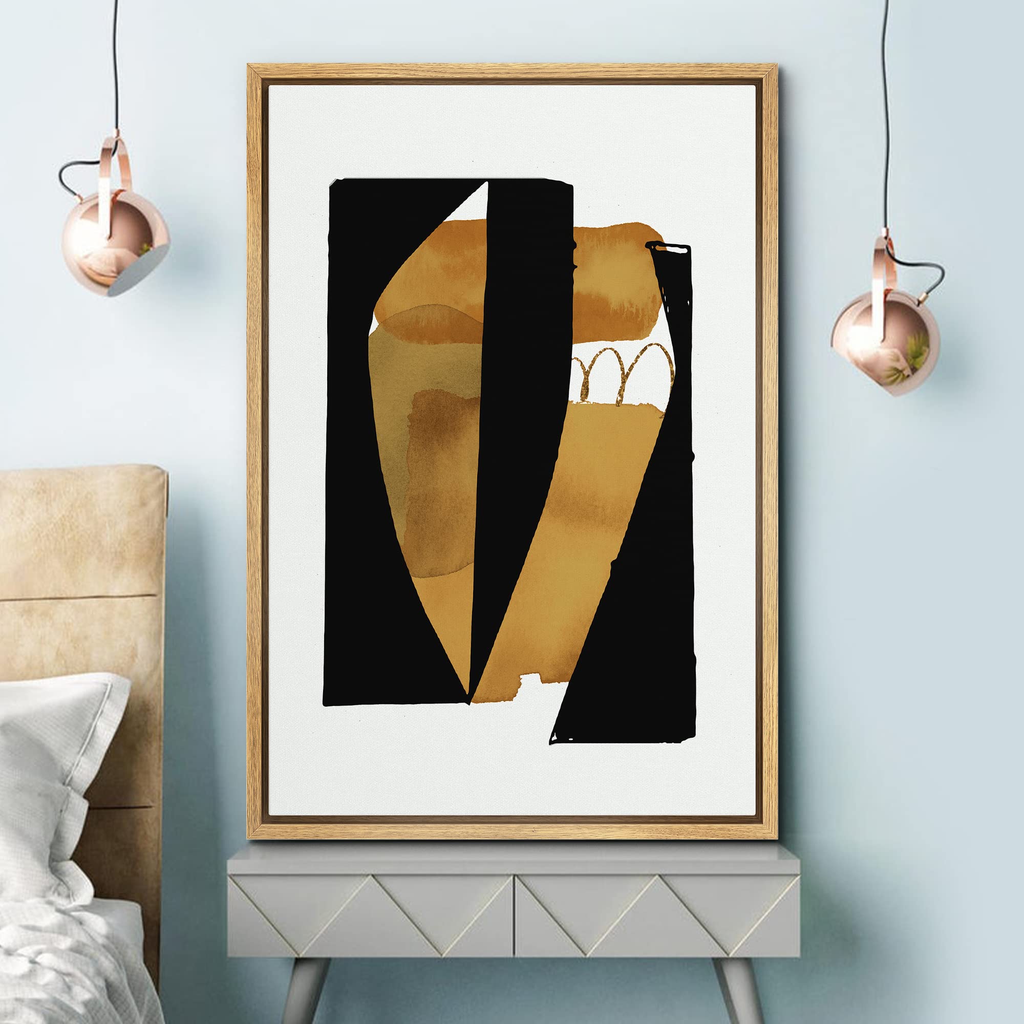 Signford Framed Canvas Print Wall Art Mid-Century Pastel Black Brown Blocks Abstract Shapes Illustrations Modern Art Decorative