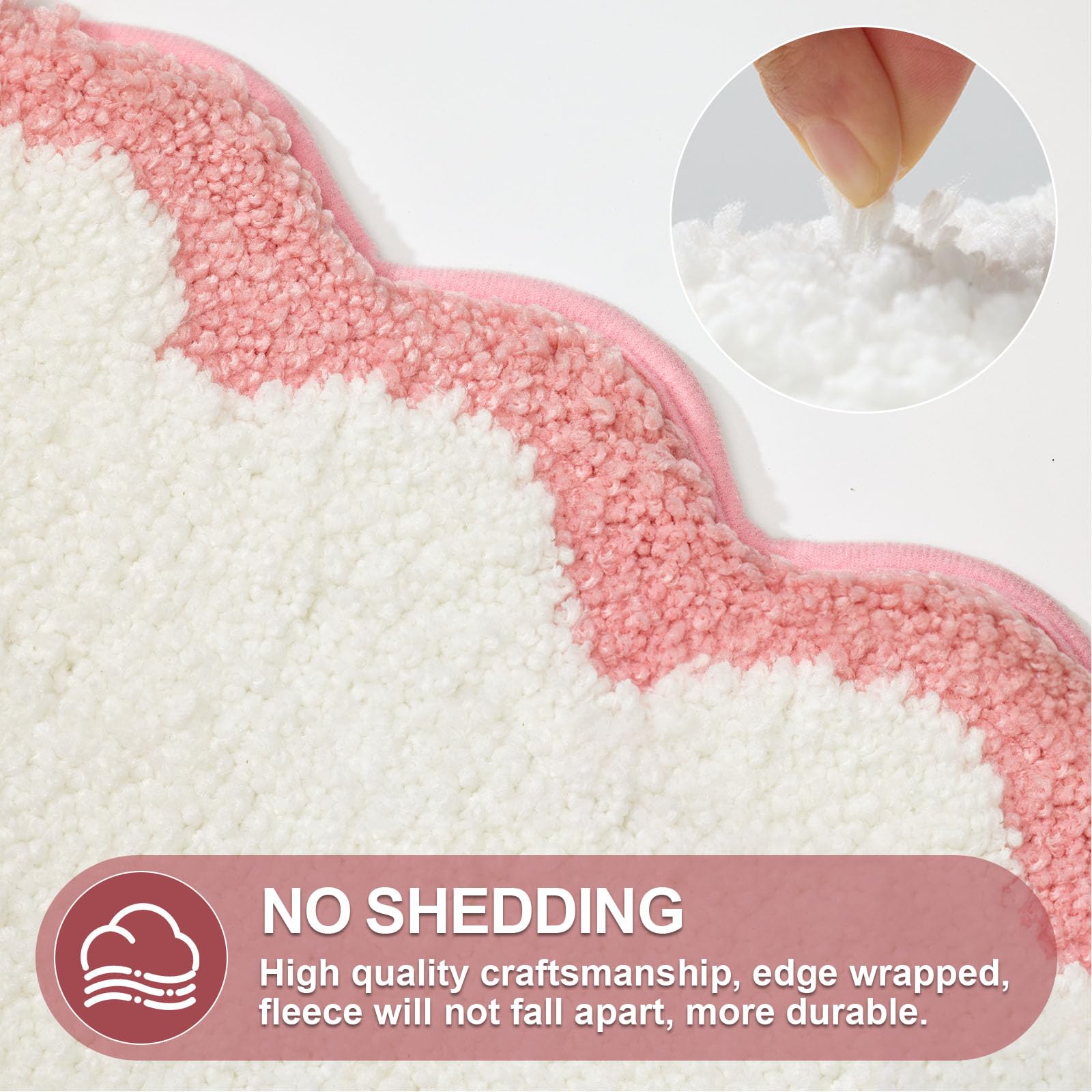 Ortigia Long Cute Scalloped Bathroom Rugs Runner, Fun White And Pink Plush Microfiber Scallop Bath Mats Non Slip Washable Quick