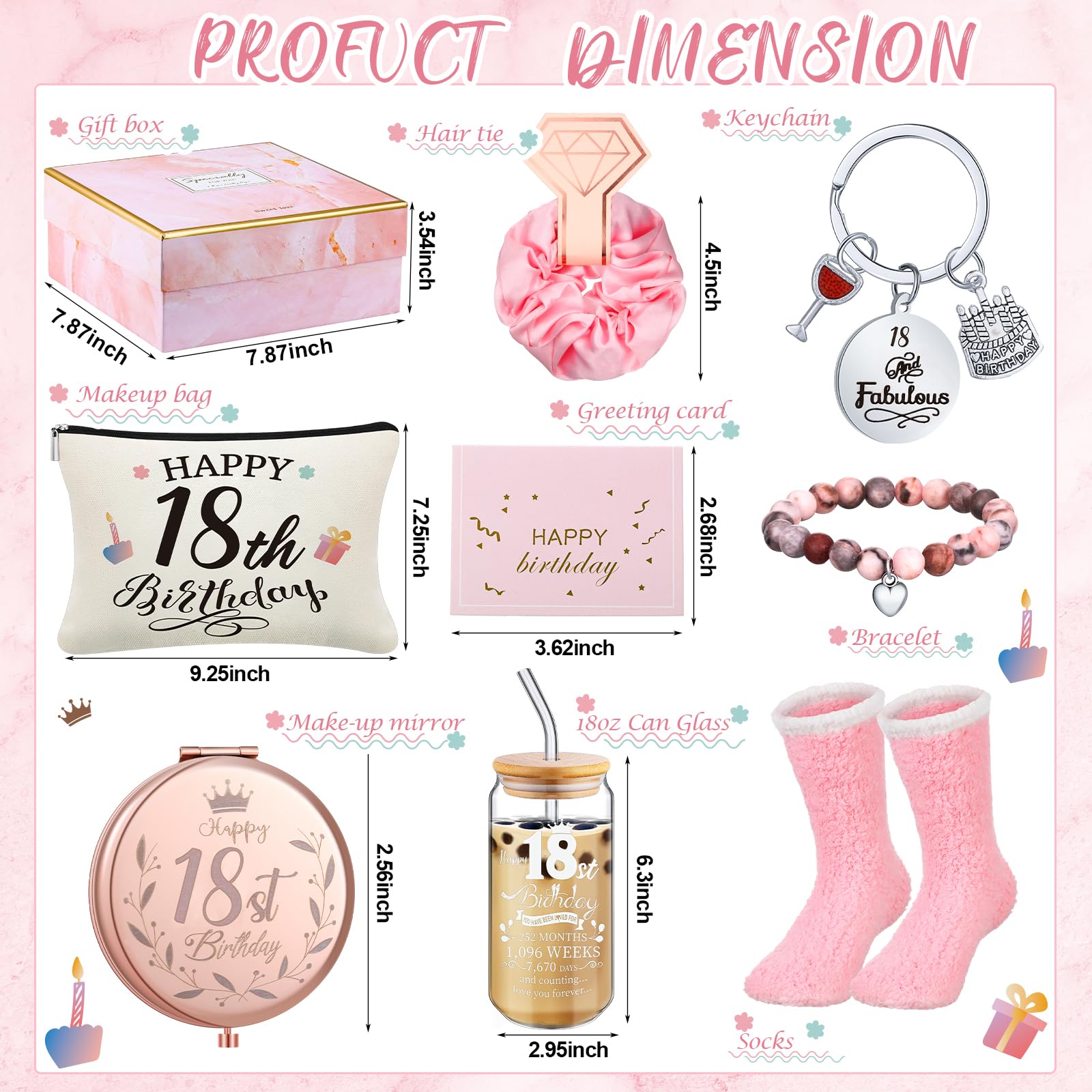 Yungyan 9 Pcs 18Th Birthday Gifts For Her Bday Gift Basket Include Makeup Bag 18 Oz Glass Cup With Lid Glass Straw Socks Keychai