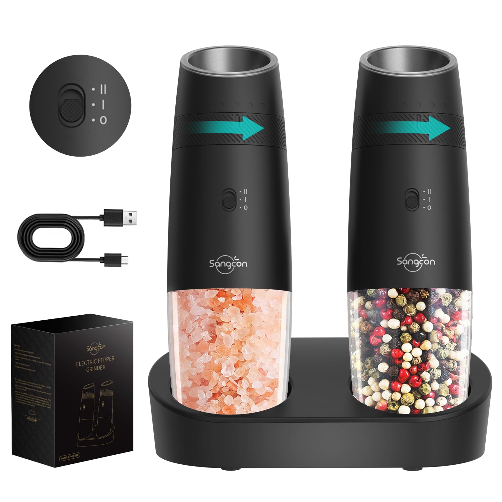 Sangcon 2-Speed Gravity Electric Salt and Pepper Grinder Set RECHARGEABLE, Automatic Salt Pepper Shakers with Charging Base - LE