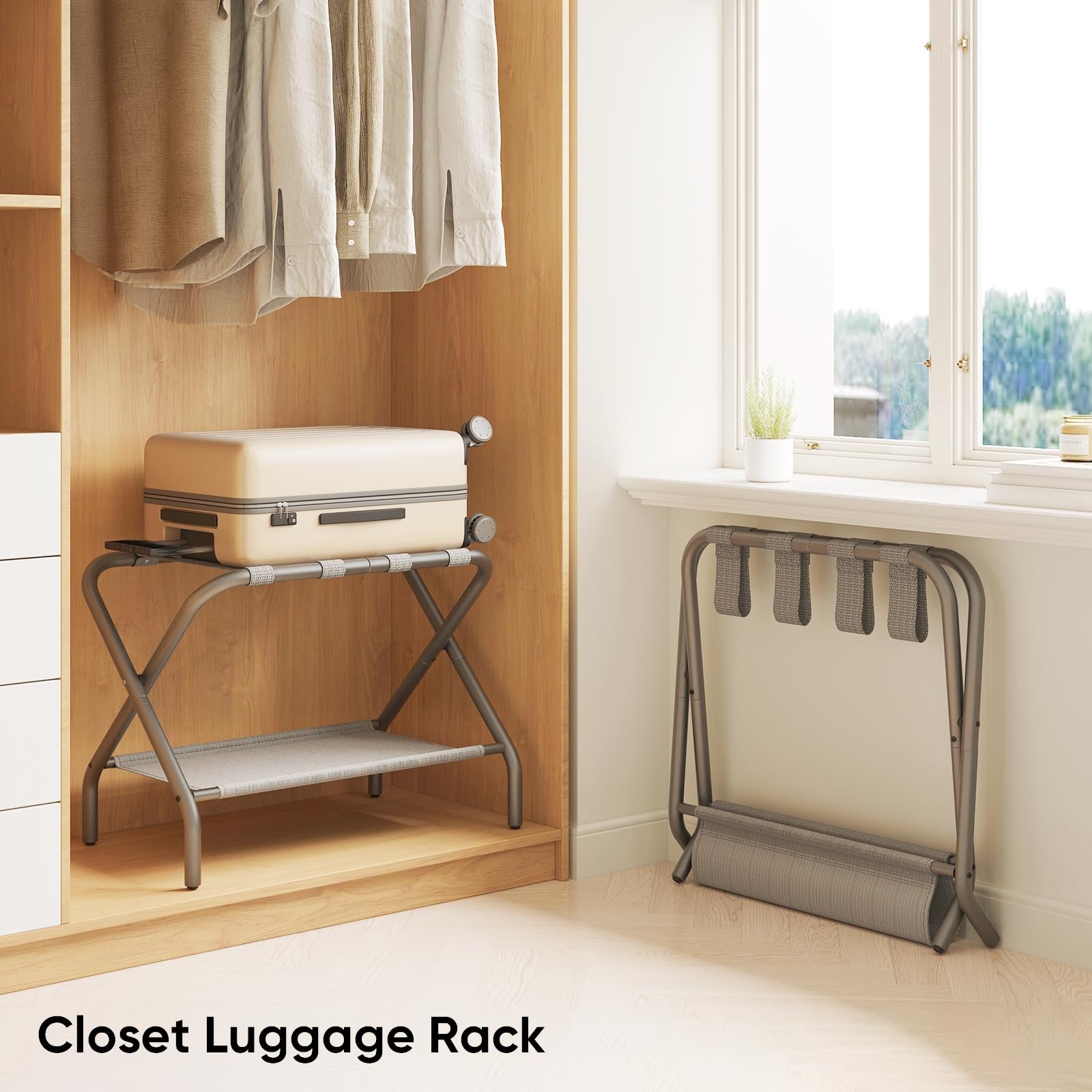 Smart Fendee Luggage Rack For Guest Room, Flat Folding Suitcase Stand With Fabric Shelf, Steel Portable Luggage Stand Bedroom, H