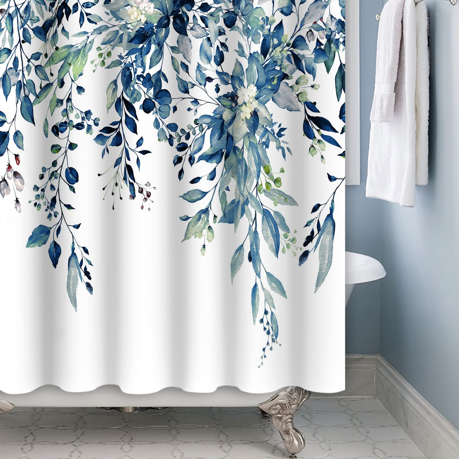Yeele Blue Leaves Long Fabric Shower Curtain Watercolor Floral Leaf Wide Bath Curtain Farmhouse Plant Wildflower Stall Size Show