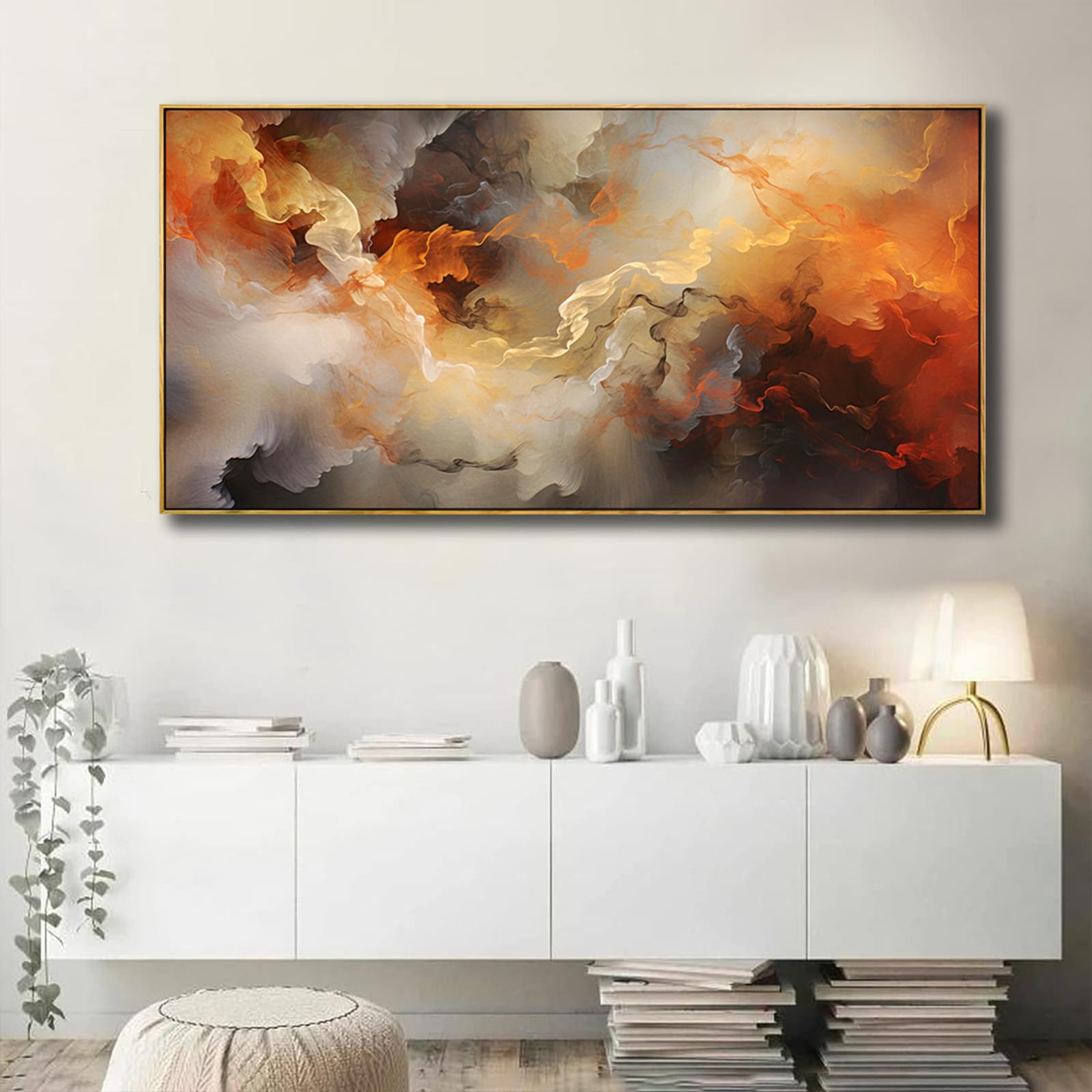 Vhming Abstract Wall Art Framed Ready To Hang Home Decor Orange White Artwork Wall Art Prints Canvas Painting Large Size For Liv