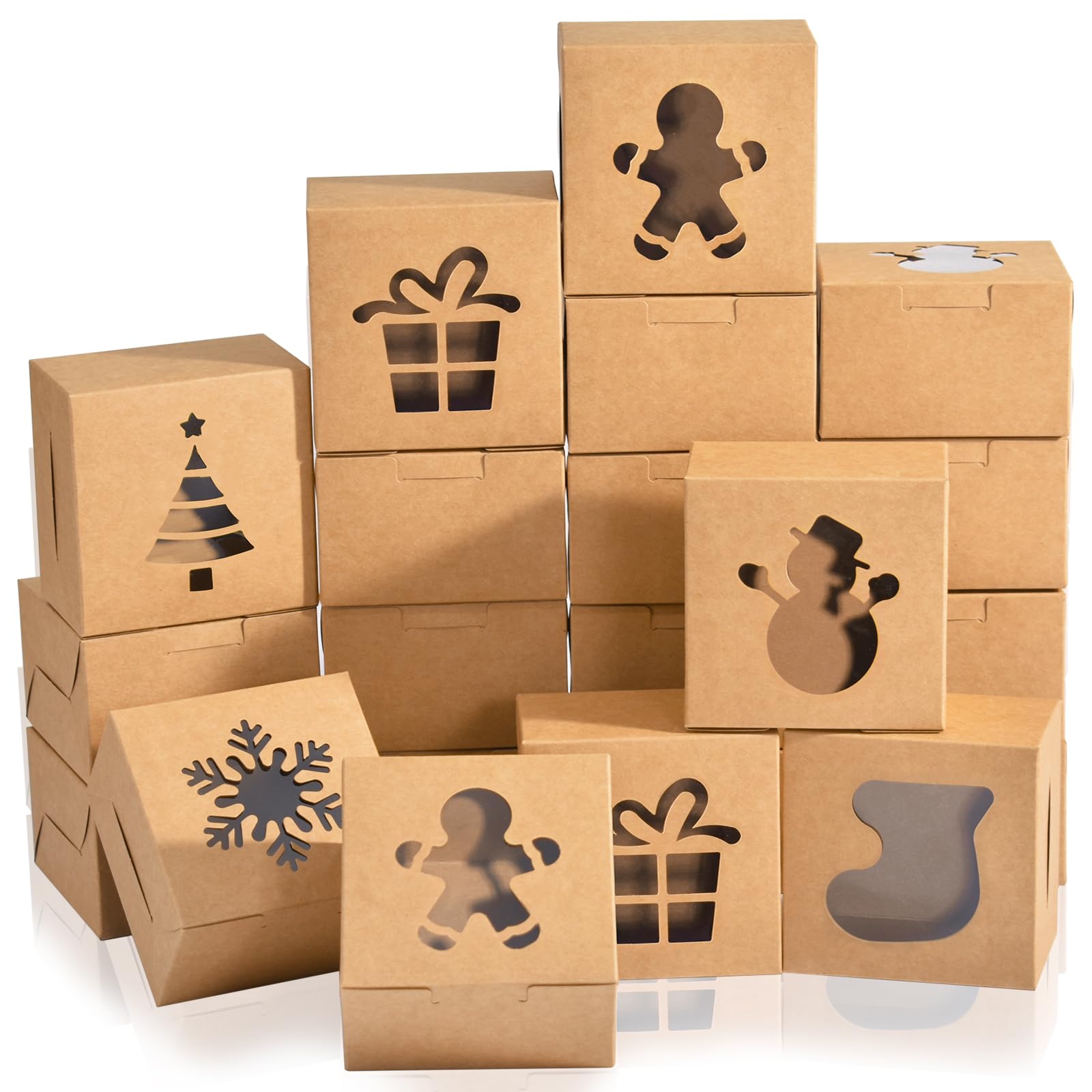KPOSIYA 36 Pack Christmas Cookie Boxes for Gift Giving, 6x6x3 Inch Brown Bakery Box With Window, Large Holiday Cookie Tins With 