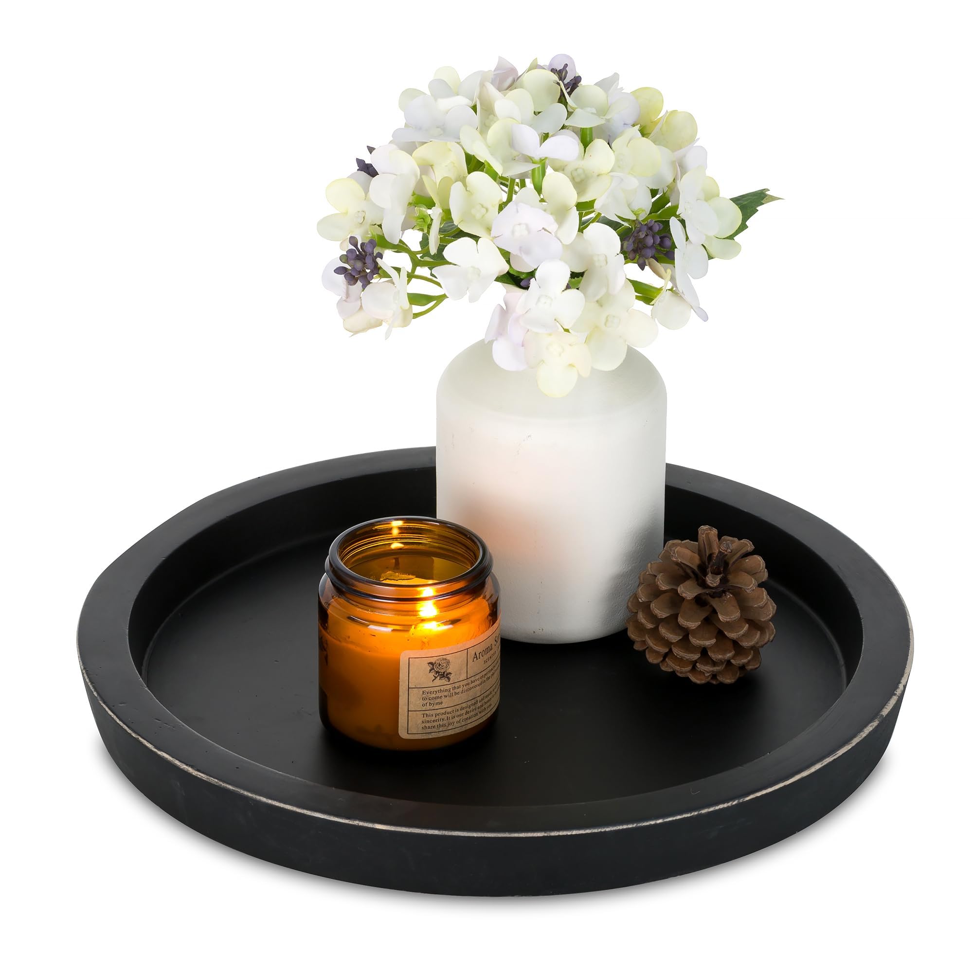 Hanobe Wooden Tray for Coffee Table: Candle Holder Plate Black Round Decorative Serving Tray - Vintage Table Centerpiece Rustic 