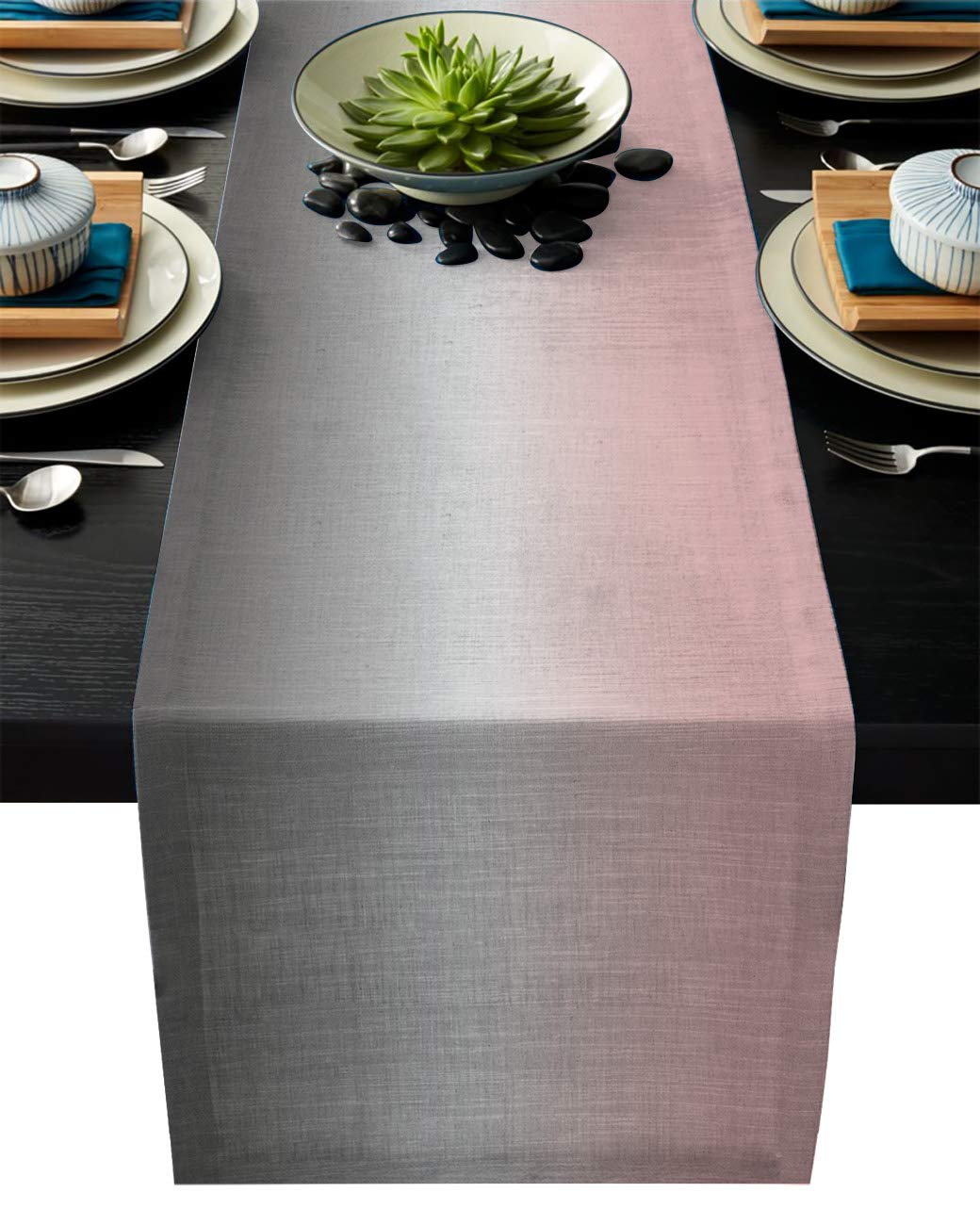 Leohome Ombre Cotton Linen Rectangle Table Runners 13''X70'', Gradient Pink And Grey Luxury Table Runners For Wedding Party Banq