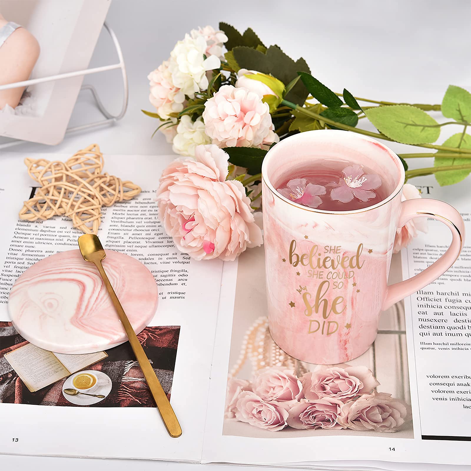She believed She Could So She Did Mug  Graduation Gift for Her  Inspirational Spiritual Motivational Congratulations Gifts for Women  Gift for Mothers Day  Birthday  Christmas 14 Oz Pink Marble Mug