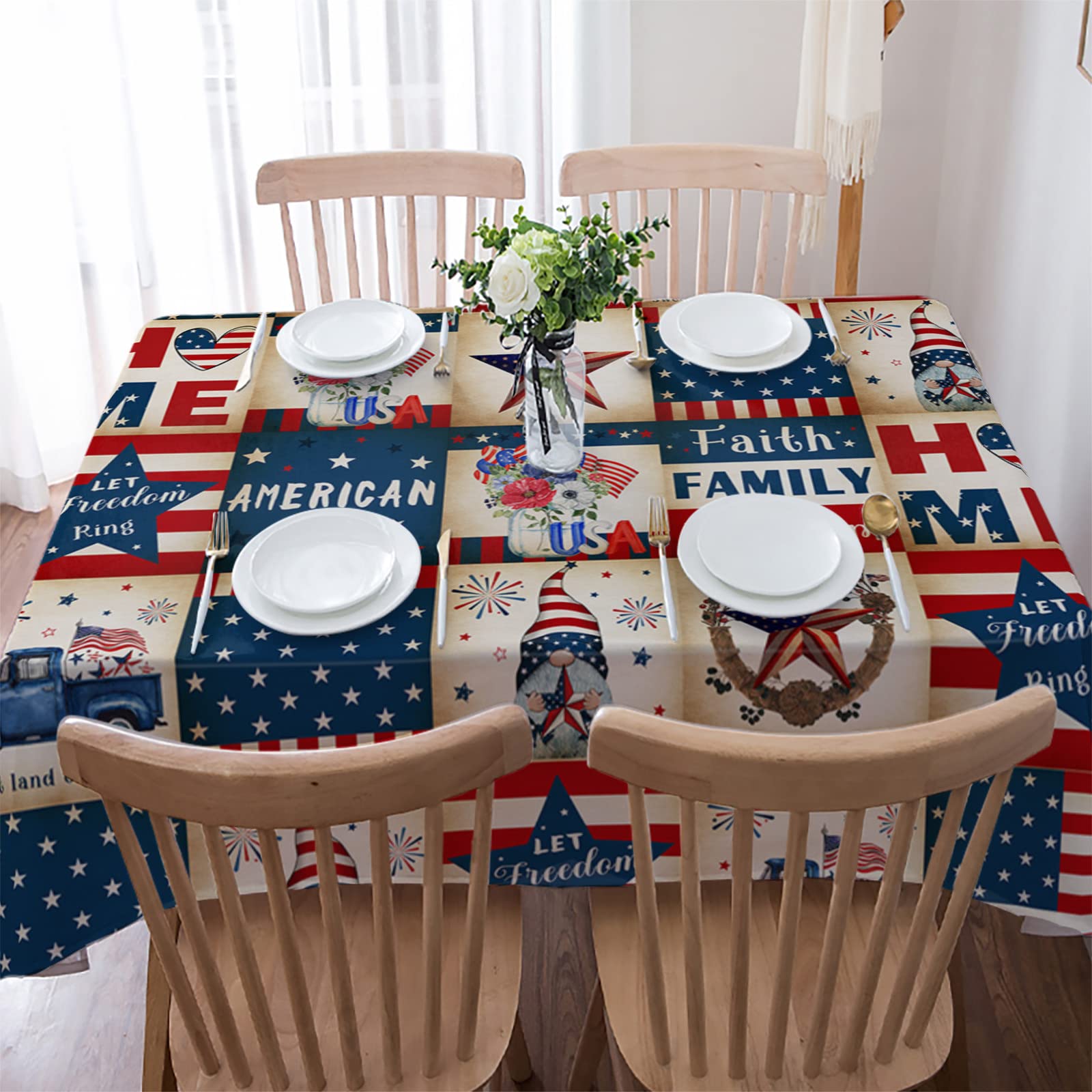 Independence Day Rectangle Dining Table Cloths  Vintage 4th of July Lattice Linen Tablecloth American Star Flag Checker Tables Cover for Kitchen Dinner Indoor Outdoor Holiday Party Decor 60x84in
