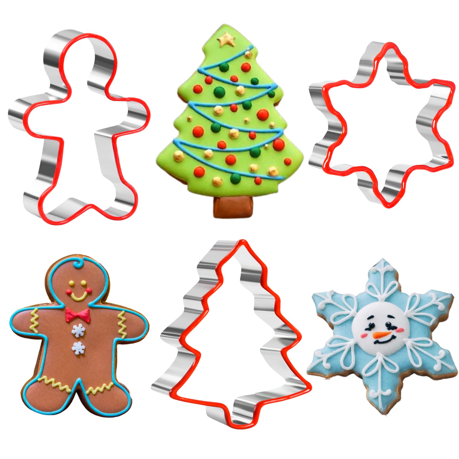Crethinkaty 3 PCS Christmas Cookie Cutter Set,Gingerbread Man,Snowflake,Christmas Tree Shape with Soft PVC Edge Xmas Cookie Cutt