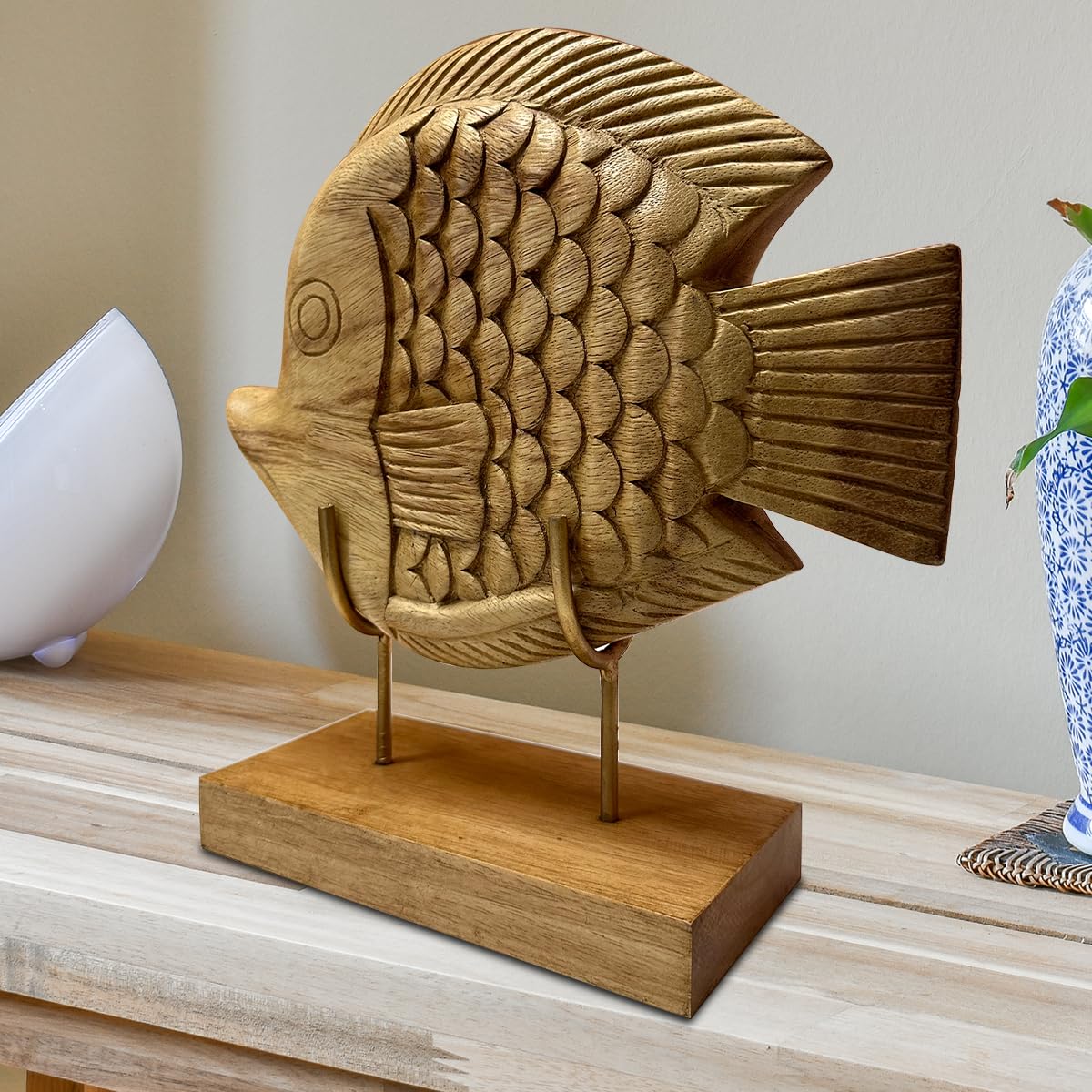 Decozen Handcrafted Solid Wood Lucky Fish Sculpture From Daughter, Son, Husband - Ideal For Home, Mantel, Fireplace, And Foyer D