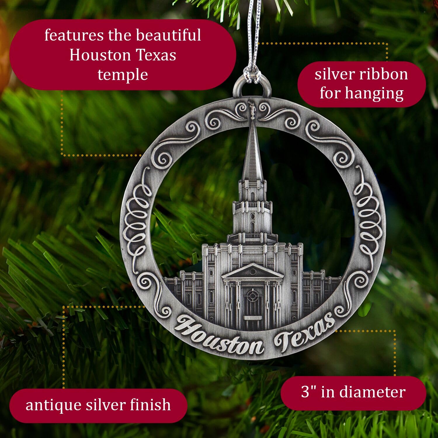 LDS Temple Ornament by Ringmasters | Antique Silver-Finish Hanging Ornament | LDS Missionary Ornament Exchange Ideas, (Houston T