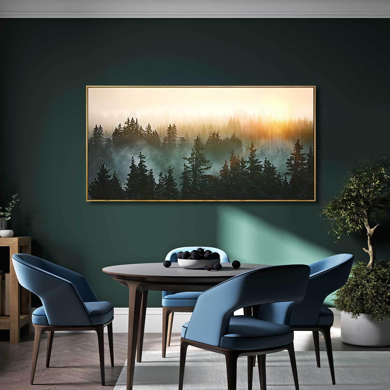 Living Room Wall Art Sunrise Misty Forest 24''X48'' Modern Home Wall Decor Plants Wall Decorations Framed Artwork For Bedroom Di