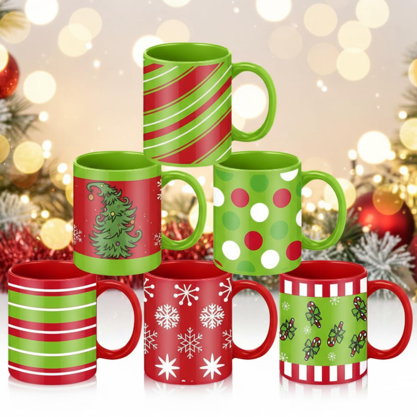 Sliner 6 Pcs Christmas Coffee Mugs Bulk 11 oz with Handle Lime Green Red Ceramic Mugs Santa Winter Hot Cocoa Snowflake Cup for X