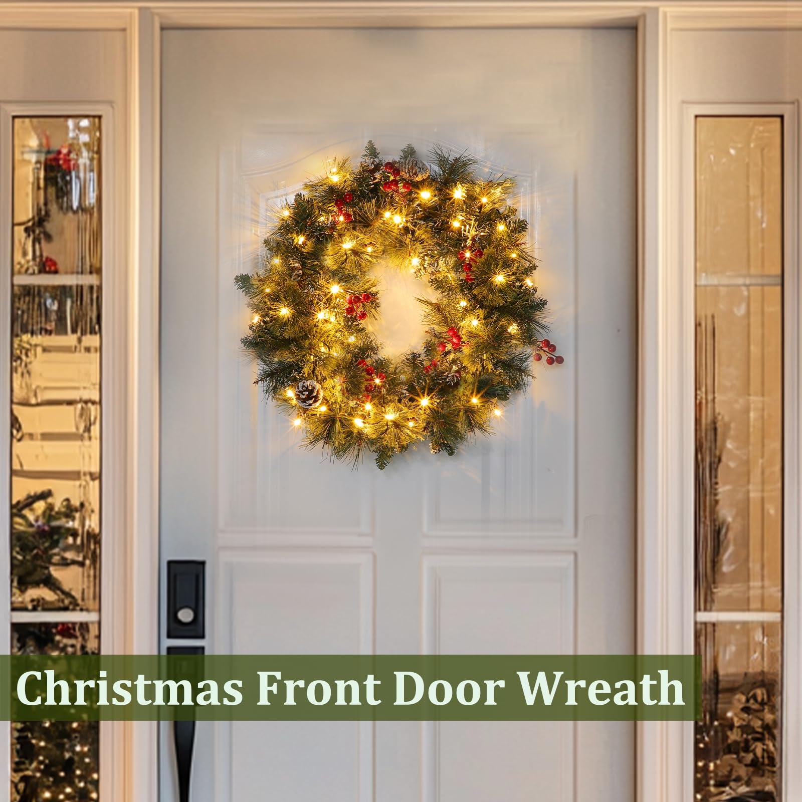 Dual Color Change&Timer-Prelit Christmas Wreaths for Front Door,30 Warm White&Color Light 8 Mode,Pinecone,Red Berry,Lifelike Spu