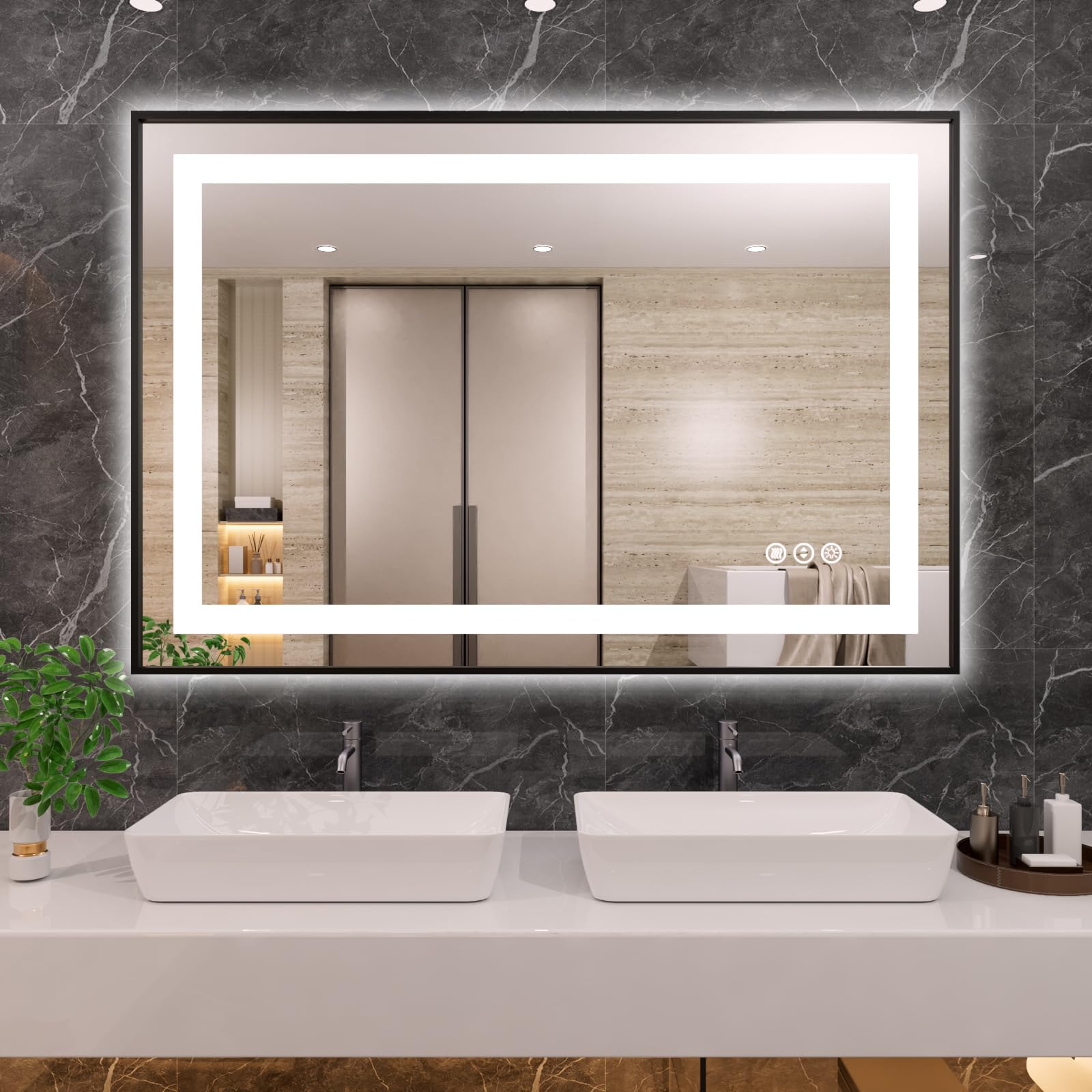 Amorho 44''X 36'' Led Bathroom Mirror With Black Frame, Front Light And Backlit, Stepless Dimmable, Anti-Fog, Shatter-Proof, Mem