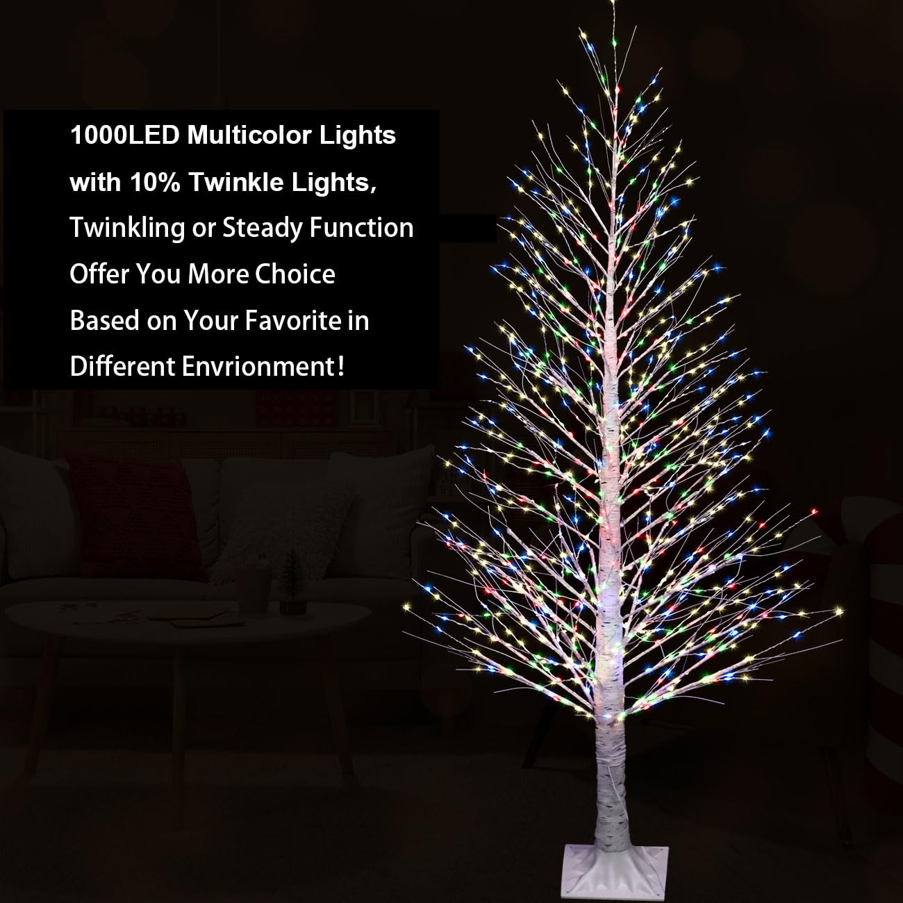 IJG 7FT Lighted Birch Tree 1000 LED Multicolor Light with Twinkle Lights, Twinkling or Steady Function for Selected, LED Christm