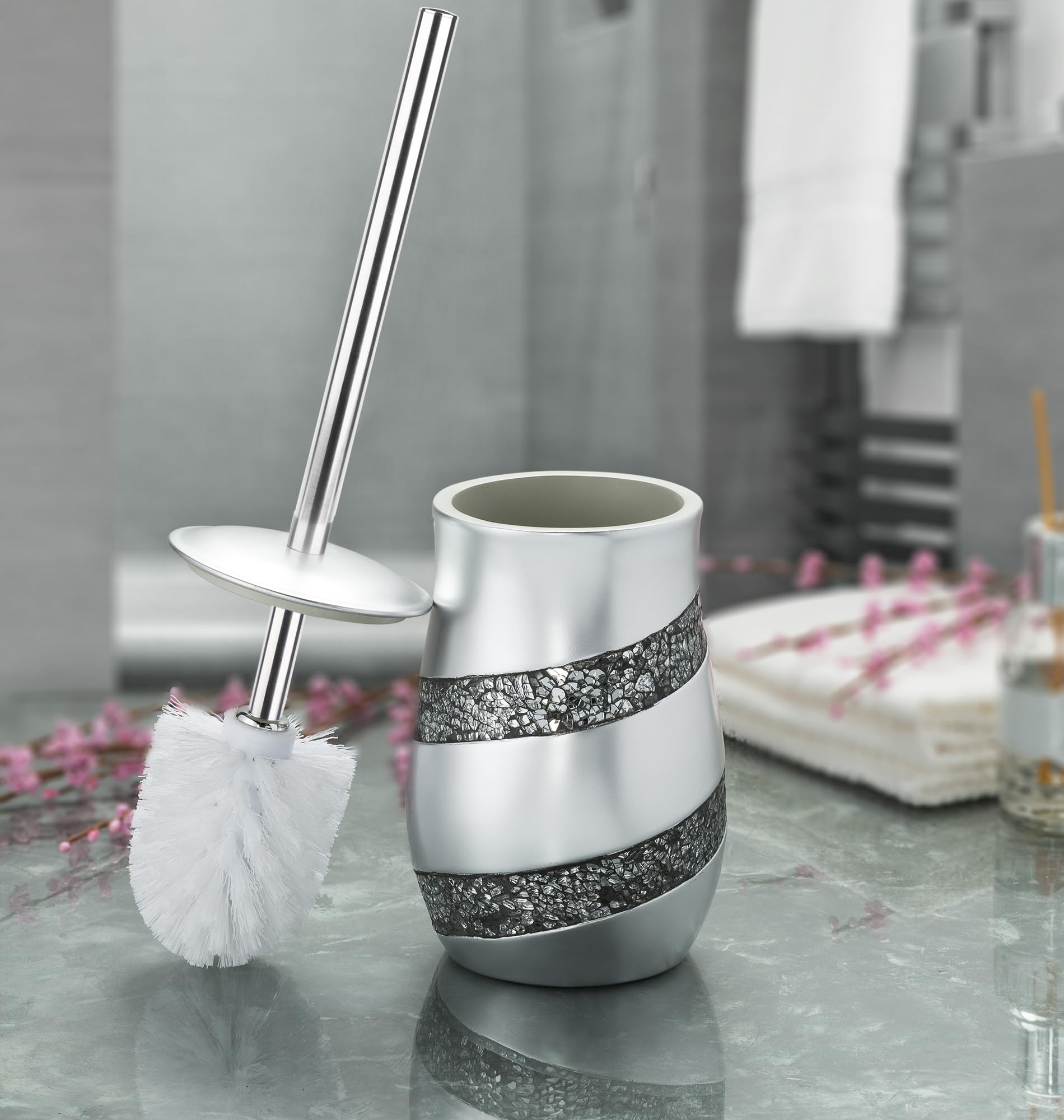 Creative Scents Silver Mosaic Toilet Brush And Holder Set - Toilet Bowl Brush And Holder, Sturdy Toilet Cleaner Brush With Stain