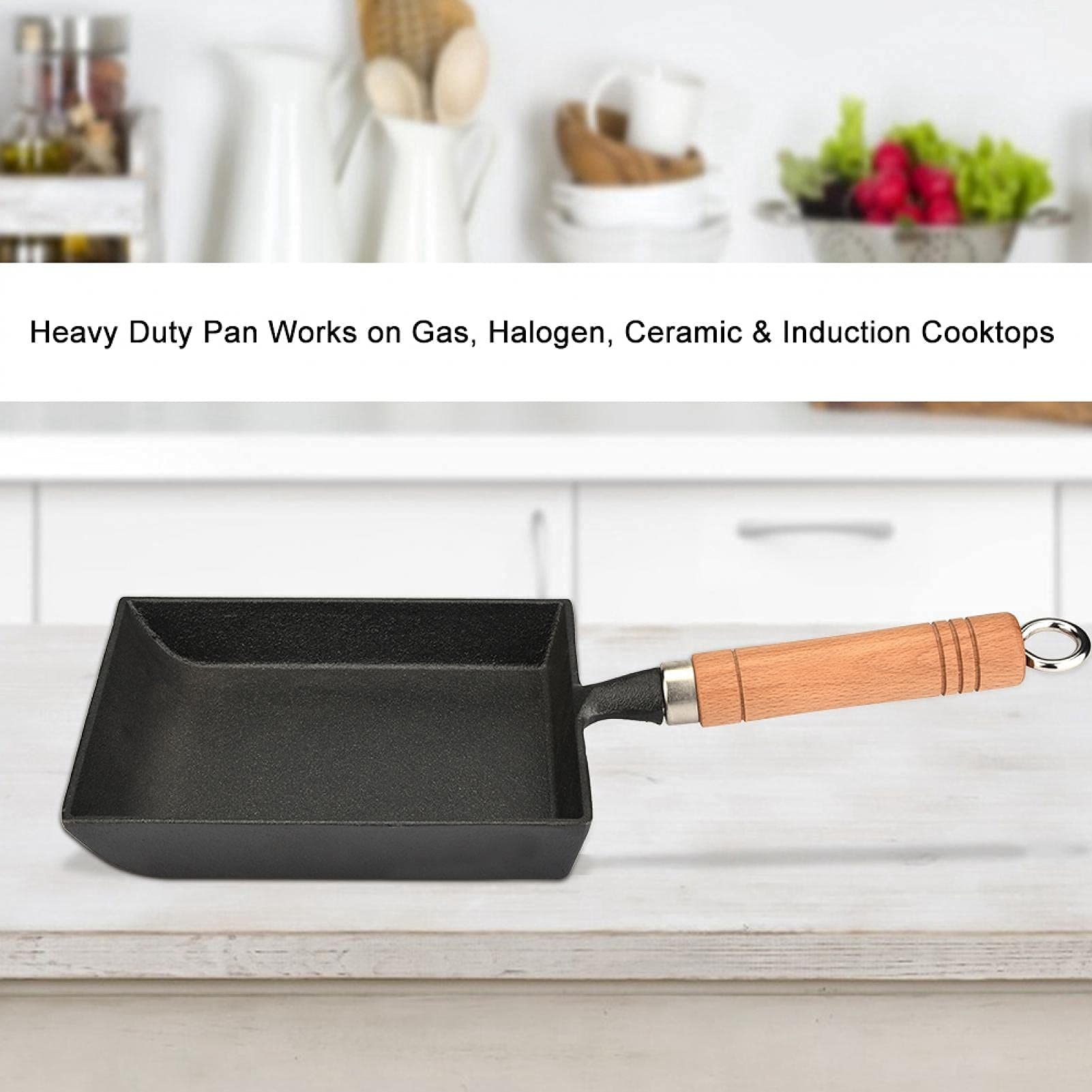 Cast Iron Skillet Tamagoyaki Pan Japanese Omelette Pan Rectangle Frying Pan Non-Stick Egg Pan Grill Pan Wooden Handle Cast Iron