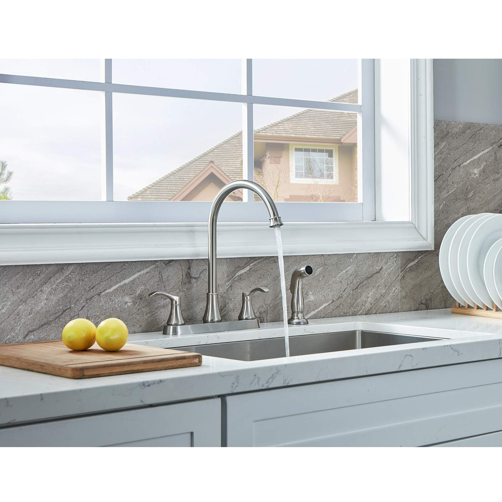 Valisy 3 Hole Or 4 Hole Two Handle Kitchen Faucet With Side Sprayer, Commercial Lead-Free Brushed Nickel Kitchen Sink Faucets Fo