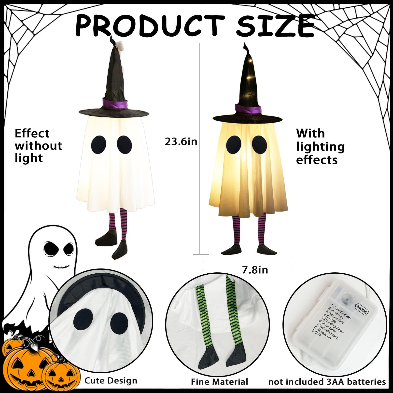 Set of 4 Halloween Hanging Ghosts, Halloween Decorations Outdoor Hanging Ghosts with Witch Hat,Glowing Ghost Witch Hat Lights, L