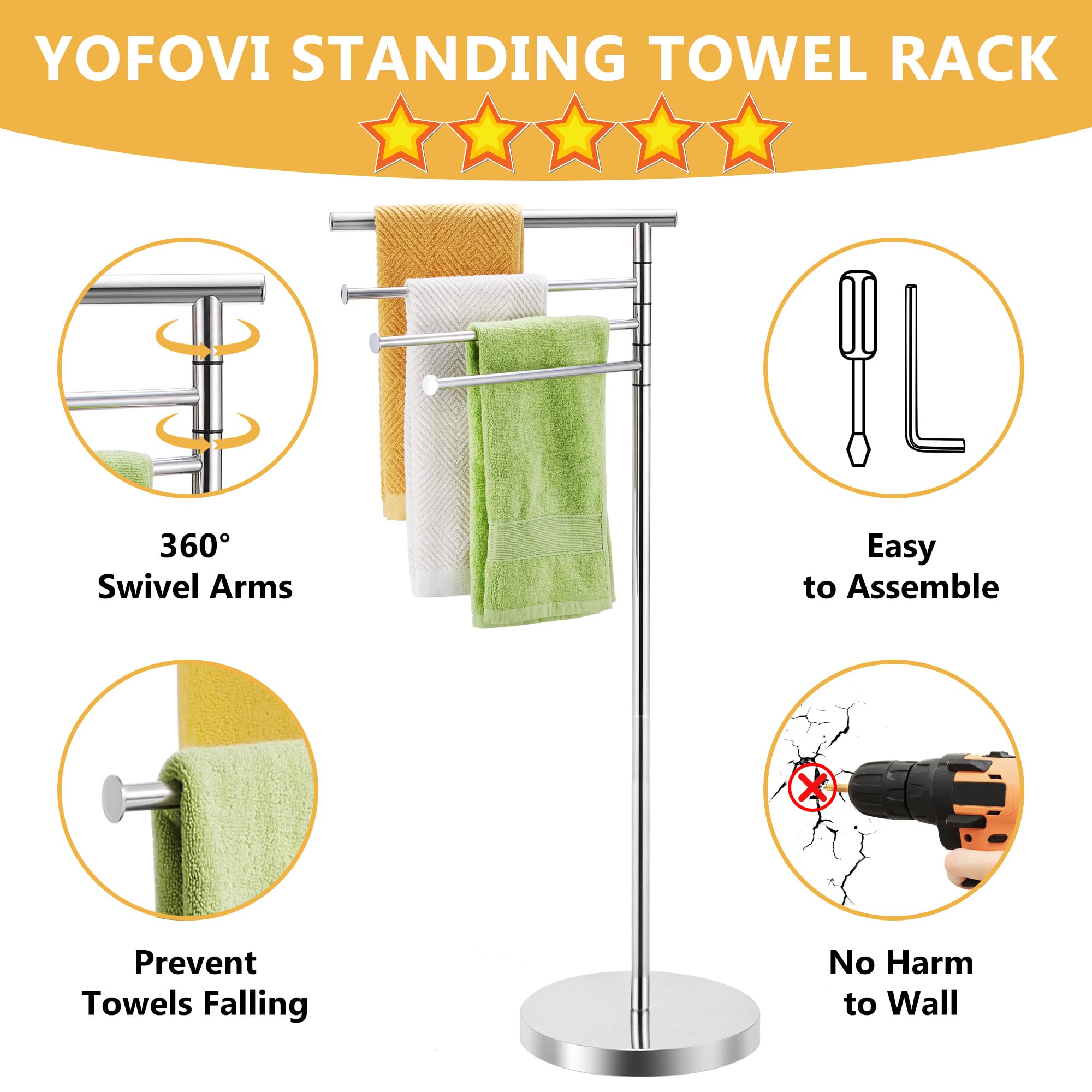 Freestanding Towel Rack, 40 Inch Tall Standing Towel Racks For Bathroom With Weighted Base, Modern Floor Towel Drying Holder Sta