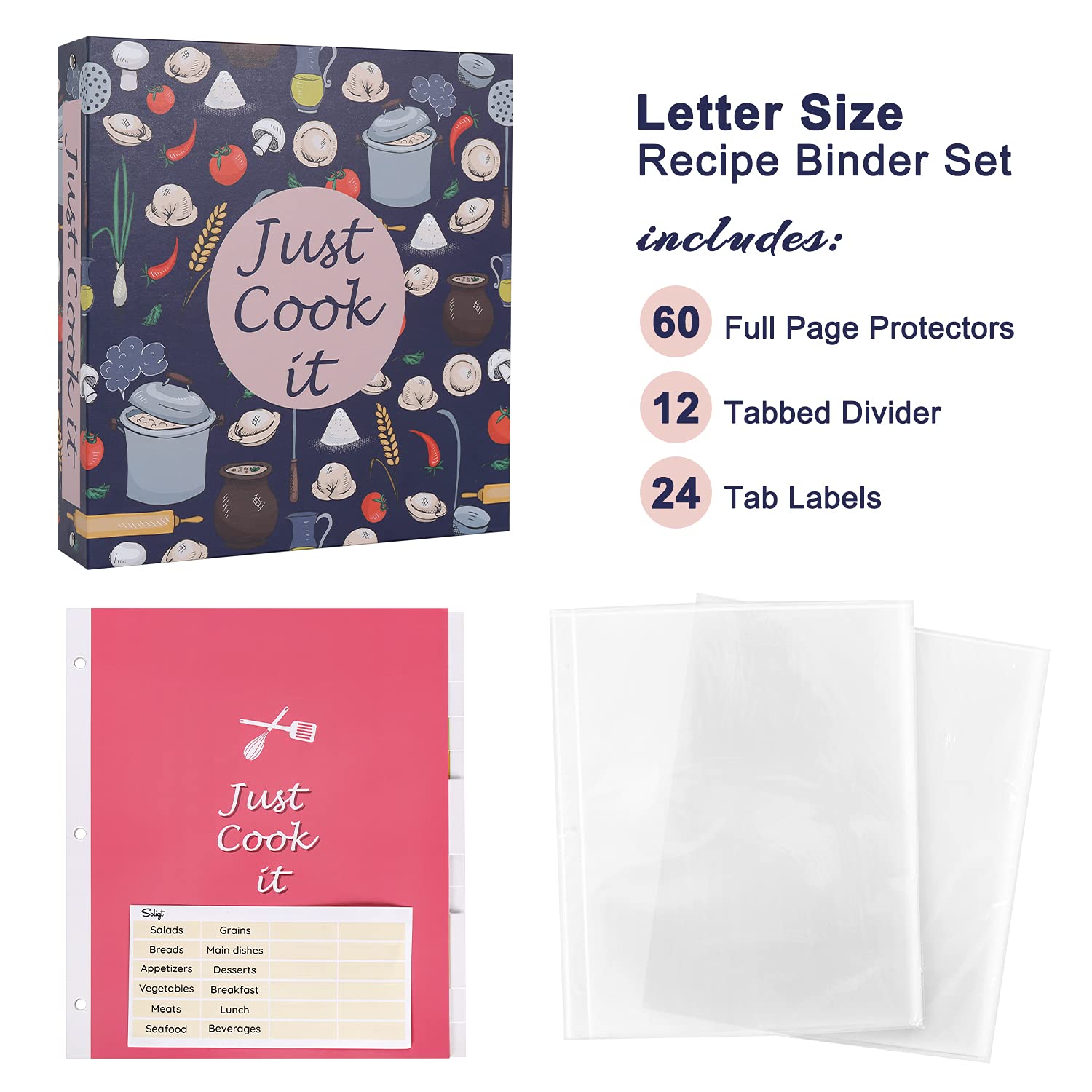 Recipe Binder Kit - 3 Ring Full Page Recipe Book Binder 8.5''x11'' with 60 Page Protectors  12 Dividers and Labels for Family Recipe Organizer  Grain Design