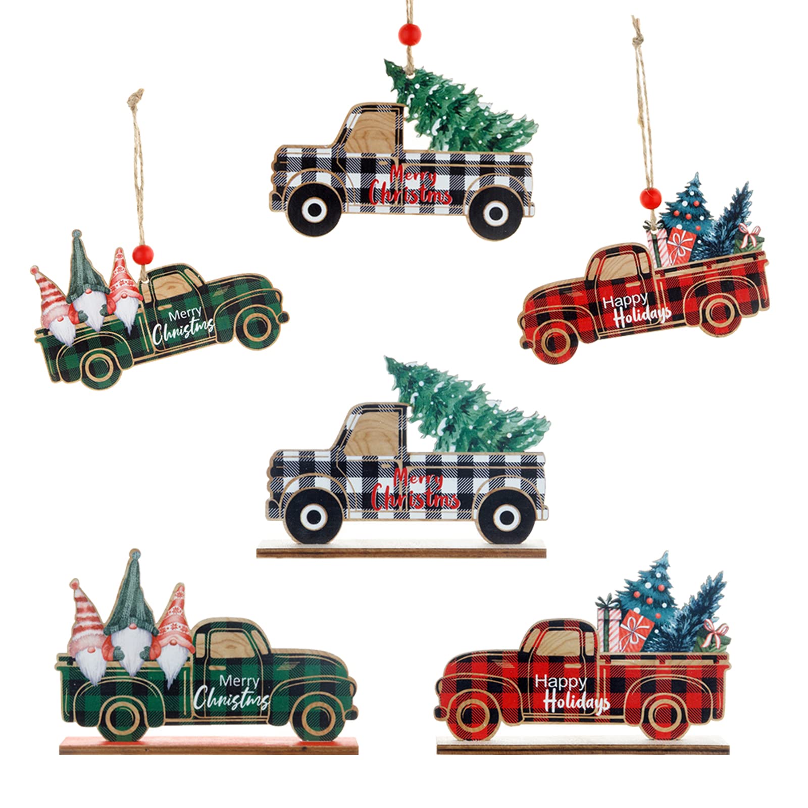6 Pcs Wooden Christmas Truck Ornaments Vintage Red Truck Christmas Decors Christmas Tree Hanging Ornaments with Bead Wooden Hang