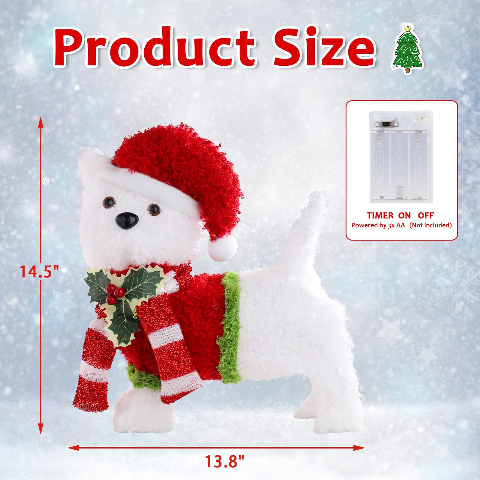 Christmas Lighted Dog Decoration Pre-lit 3D Glittered Fluffy Puppy Battery Operated Lighted Up Standing Ornament Outdoor Indoor