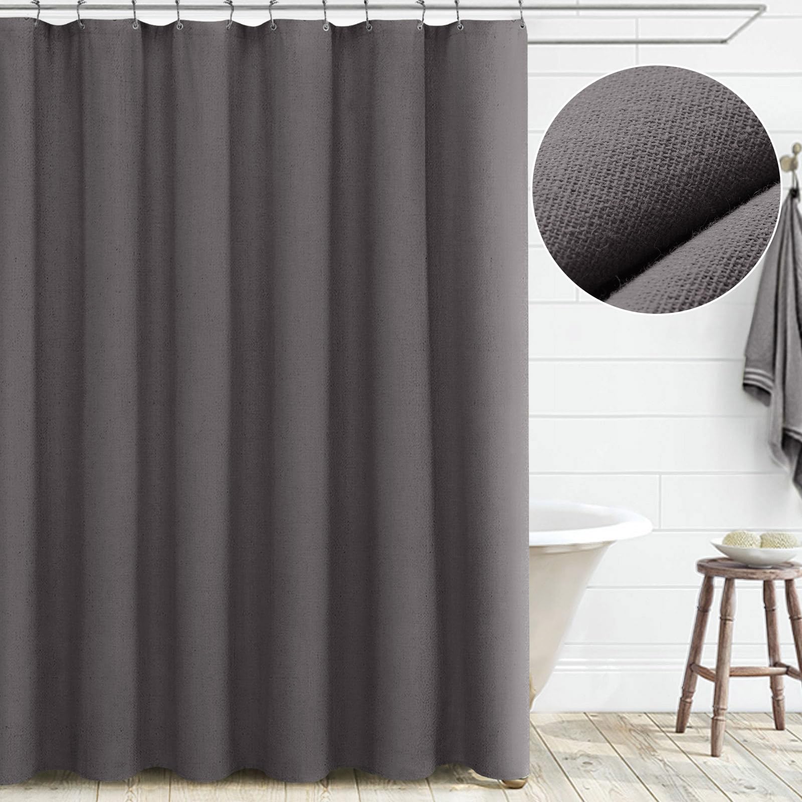 Awellife Grey Linen Shower Curtain For Bathroom Natural Cotton Cloth Fabric Farmhouse Boho Shower Curtain With 12 Durable Hooks