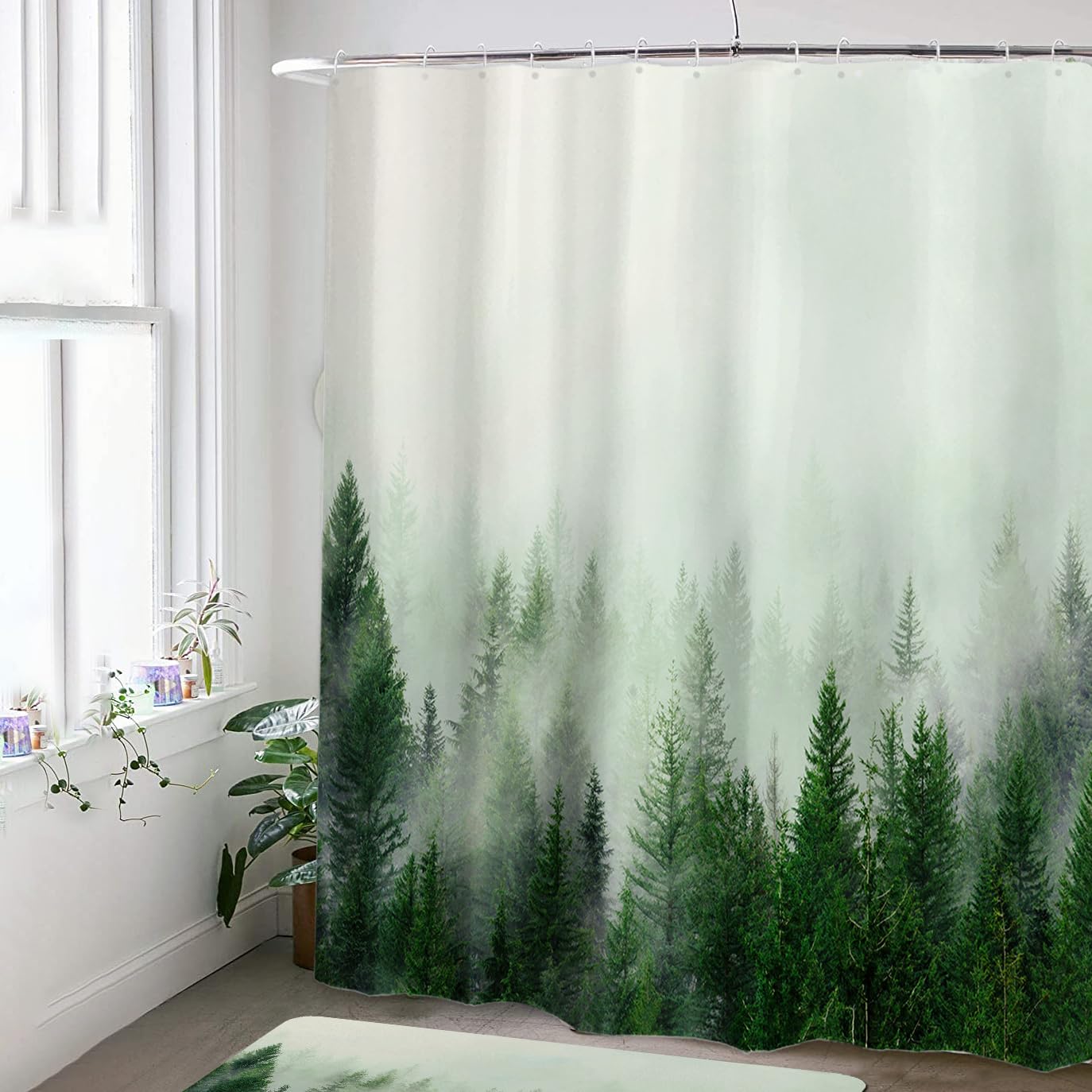 Ortigia Green Misty Forest Shower Curtains,Nature And Woodland Shower Curtain,Fantasy Fog Magic Winter Tree Bath Curtain For Bat