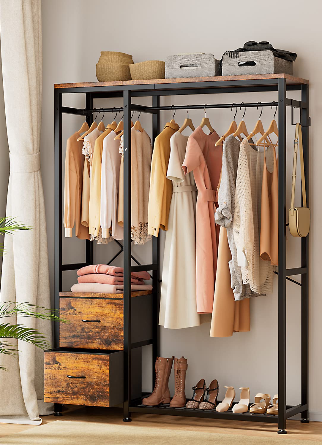 Lulive Clothes Rack, Heavy Duty Garment Rack For Hanging Clothes, Industrial Clothing Racks With Shelves, 2 Fabric Drawers, 4 Ho