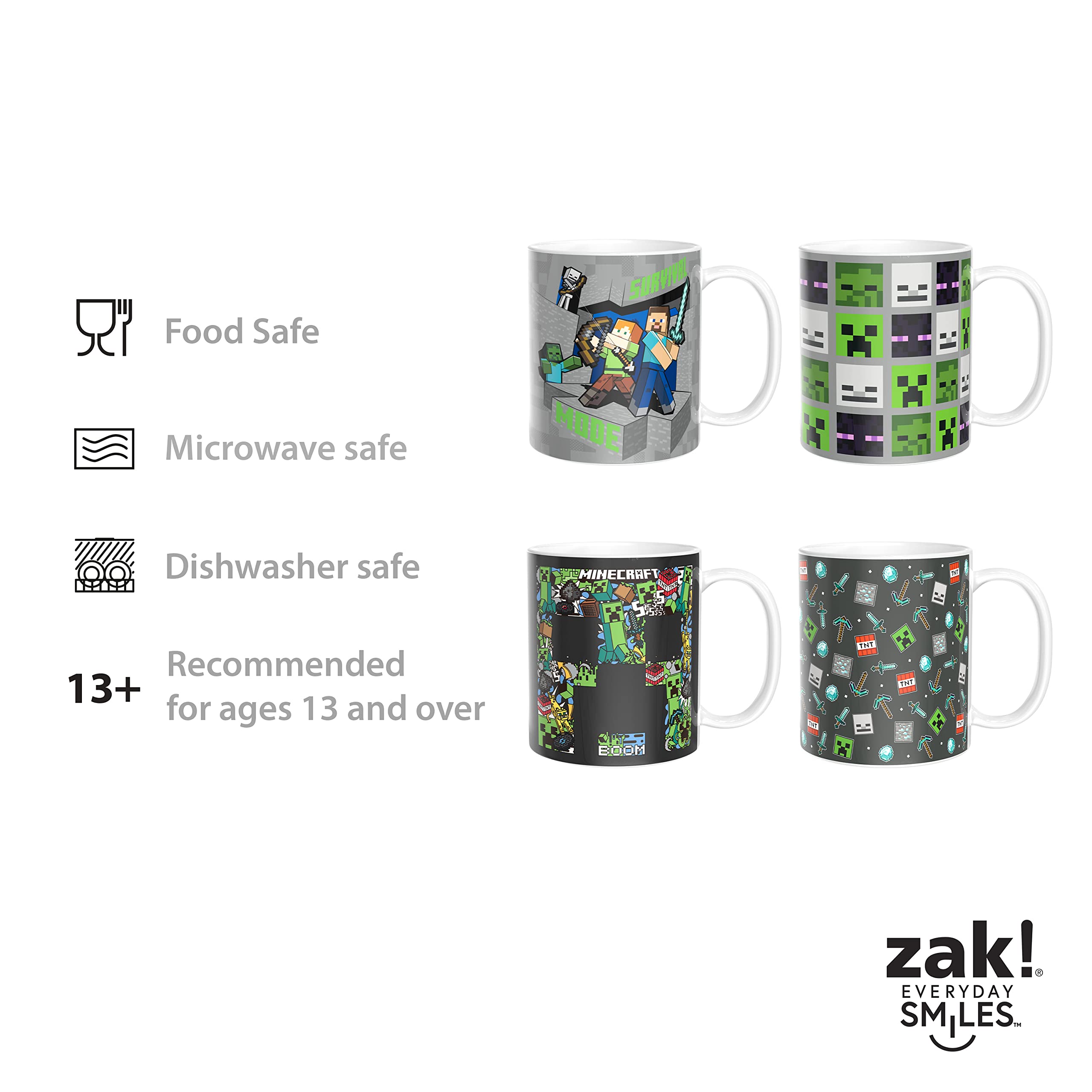 Zak Designs Minecraft Mug Unique Ceramic Coffee Cup Set, Can Coffee Mugs with Comfortable Handle for Gamer Gifts, Dishwasher and