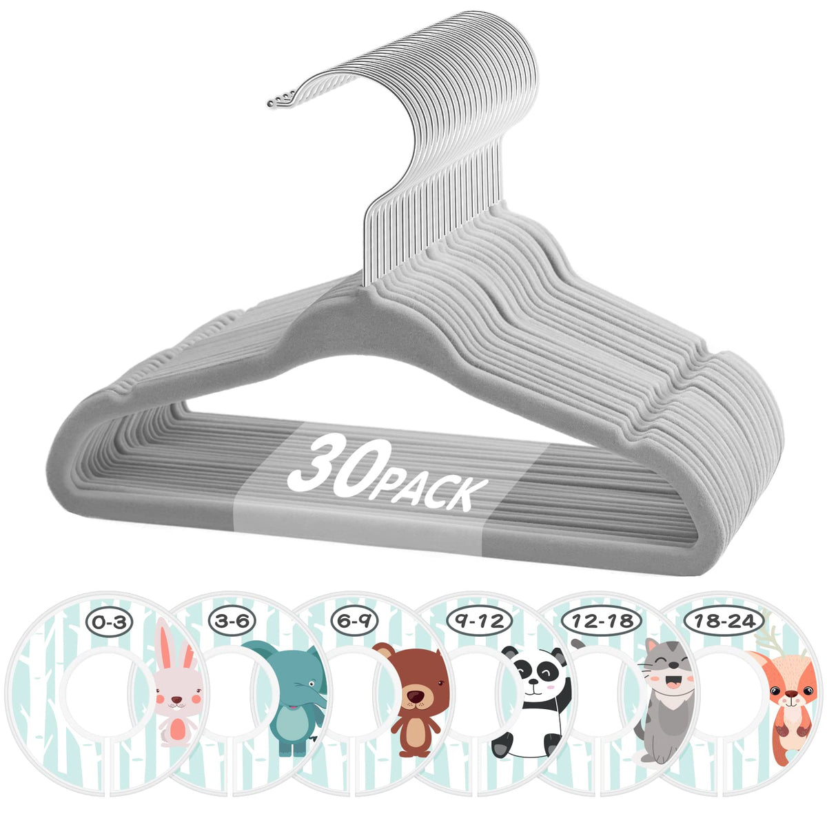 Baby Hangers, Vis'V 11 Inch Gray Velvet Kids Hangers With 6 Pcs Size Dividers Non Slip Nursery Children Closet Clothes Hangers F