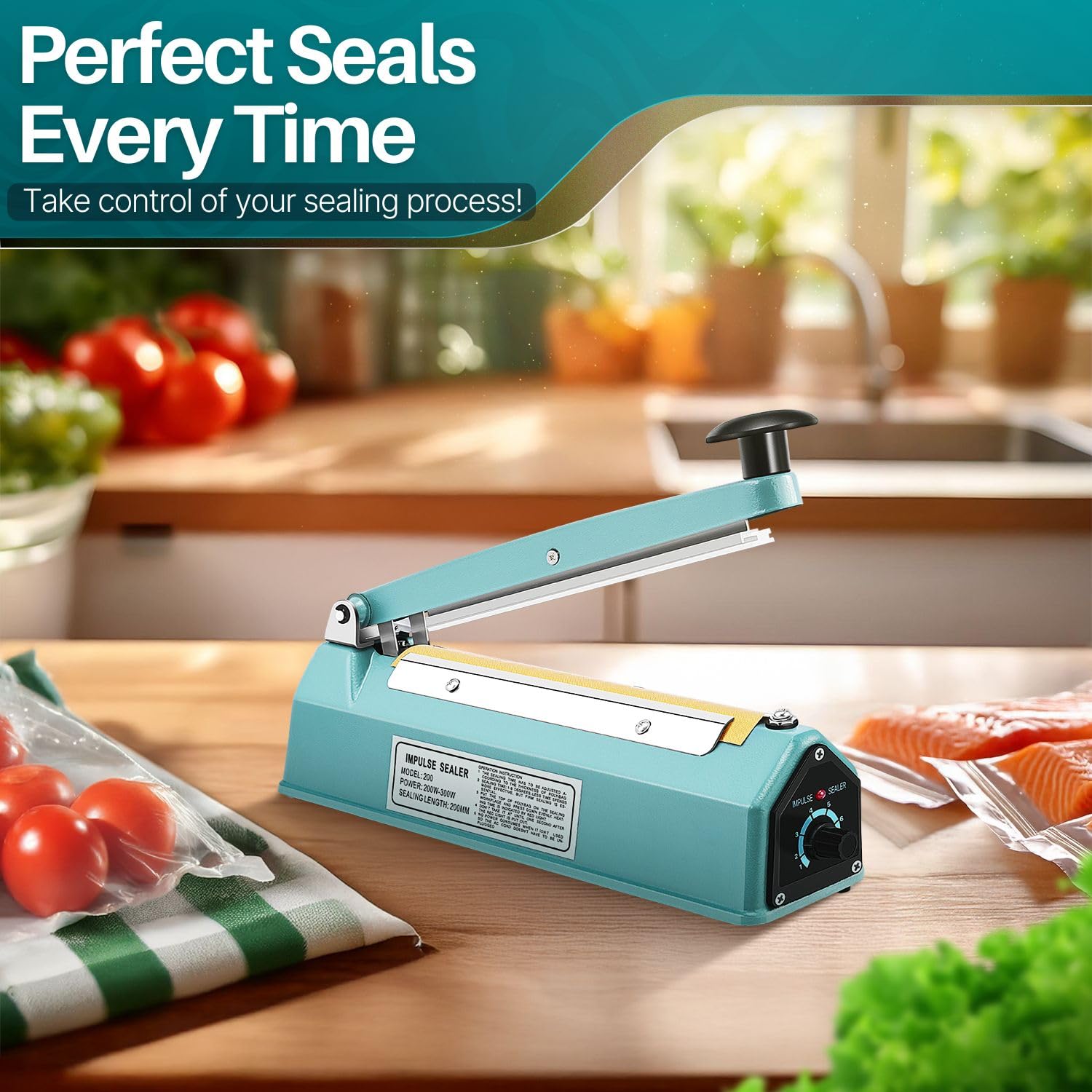 Flexzion Impulse Sealer 8 Inch (200mm) 300W Heat Sealer Machine with Adjustable Heating Mode  No Warm Up Needed  Portable Bag and Seal Impulse with Replacement Element Grip and Teflon Tape